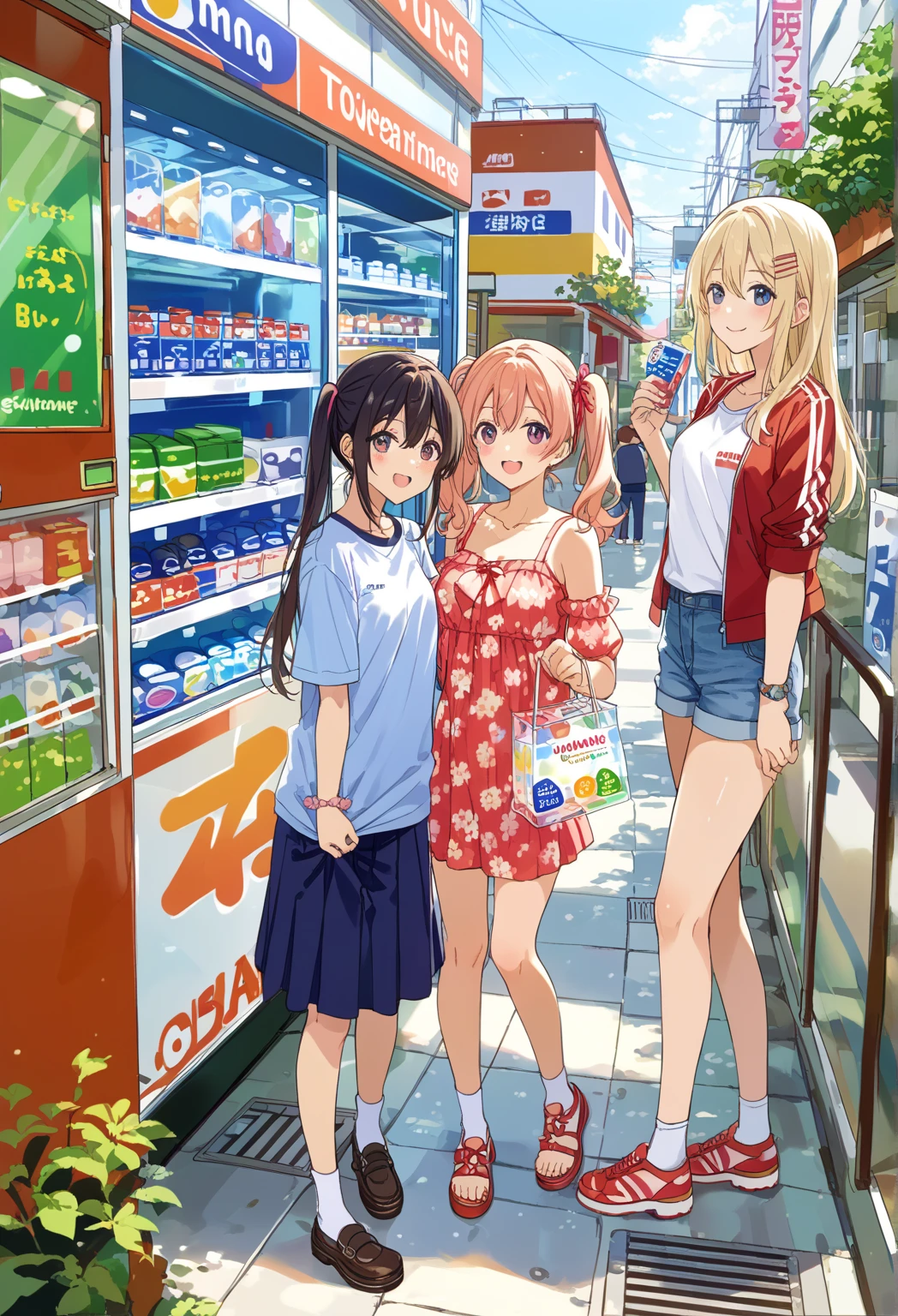 a realistic anime portrait of office women, she is buying fruit at kiosk, day light scenery, front view, looking at viewer, full body detailed portrait, extremely detailed facial features, high quality, masterpiece, best quality, beautiful glowing skin, delicate facial features, elegant hairstyles, detailed clothing, realistic lighting and shadows, warm color palette, soft ambient lighting