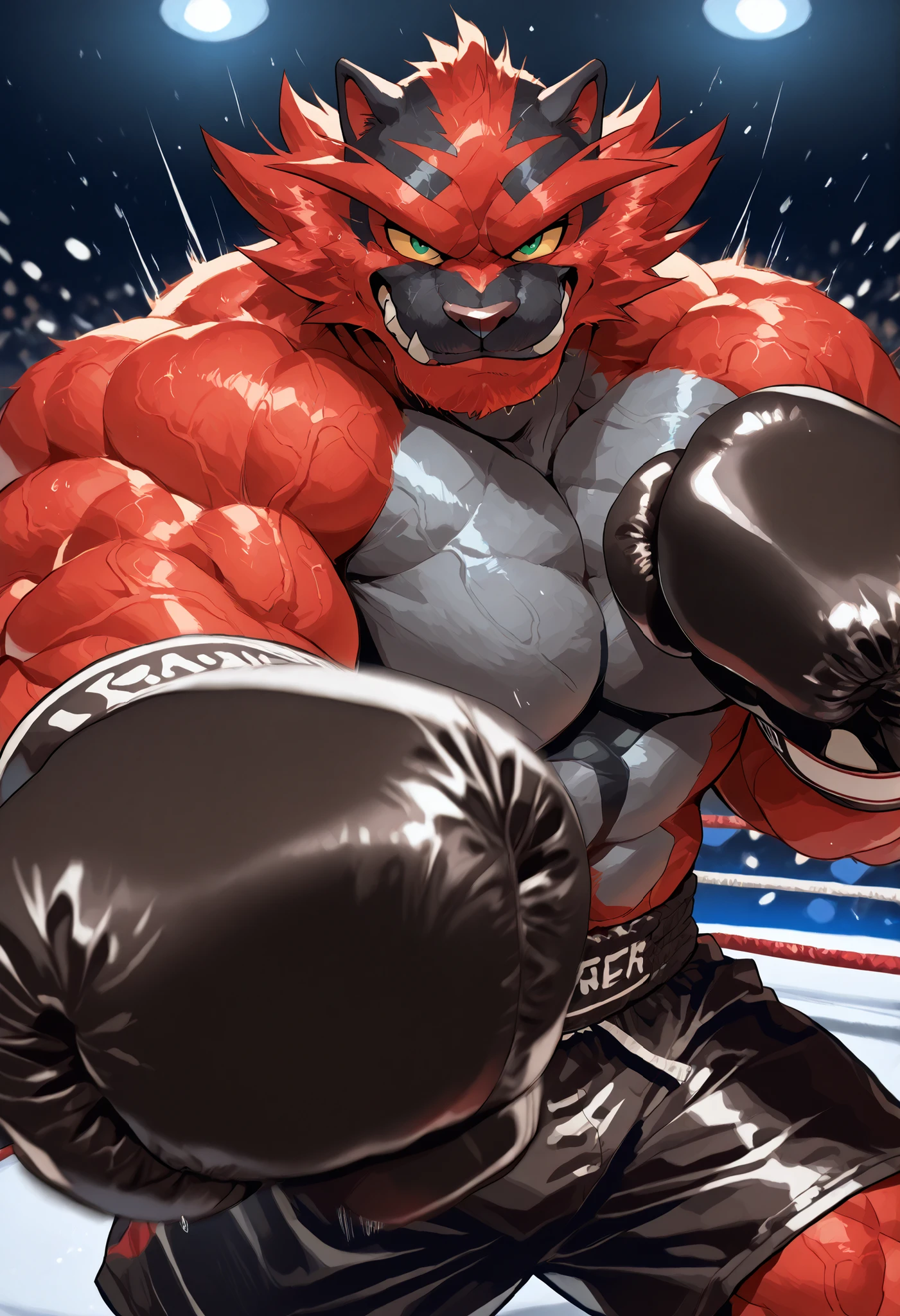 zPDXL3, pov_boxing, mercilessly punching_the_viewer, foreshortening, motion blur, black boxing gloves, black boxing trunks, depth of field, extreme perspective, closeup, action shot, boxing, dynamic punching pose, motion lines, impact lines, mercilessly punching the viewer, chopped head, boxing ring background, BREAKER Incineroar, heavywait boxing champion, furry male, heavy muscular, veiny muscles, looking at viewer, cruel smile, brutal eyes, large pectorals, thick black hairy chest,