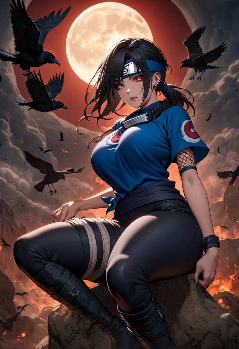 Kuno,red eyes,ponytail,long hair,dark blue hair,ninja mask, red hair ribbon, full body,
KNgear,bandages,red scarf,cleavage,midriff,ninja,gloves,
dojo, nighttime, moonlight,
(insanely detailed, beautiful detailed face, masterpiece, best quality) <lora:Kunoichi:0.8>