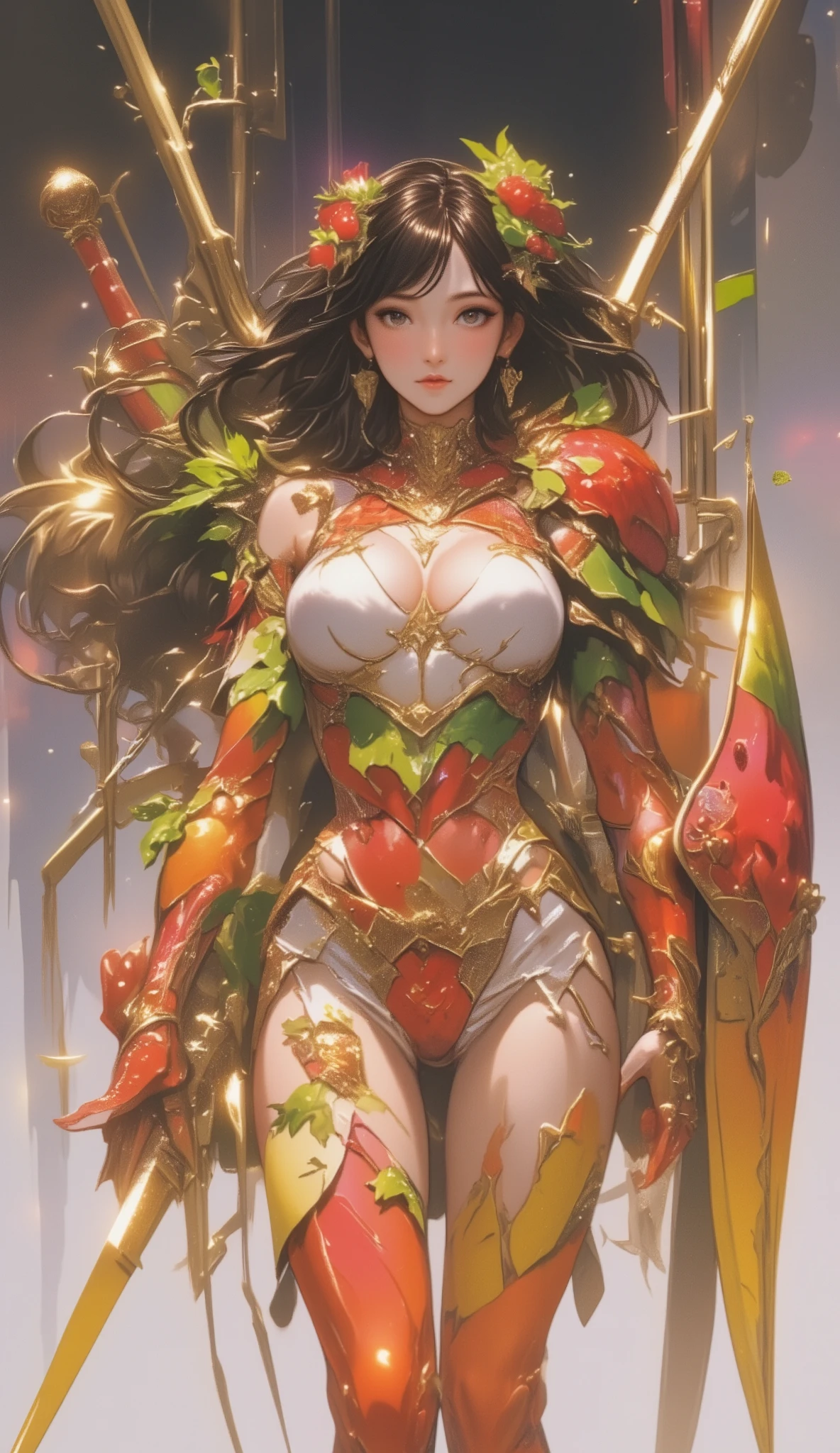 fighting stance,1girl,(ultra detailed skin),curvy,petite,beautiful breasts,large breasts,pale skin,pointy breasts,erect nipples,(fantasy art,Highest image quality,Hyperrealist portrait,(8k),ultra-realistic,best quality, high quality, high definition, high quality texture,high detail,beautiful detailed,fine detailed,extremely detailed cg,detailed texture,a realistic representation of the face,masterpiece,Sense of presence,Dynamic,bold),(thin hair),(soft hair),(straight hair:1.5),Swept long bangs,extra light coppery amber hair,hair over one eye,((clothed:1.5),leather boots,leather gauntlet,(santa dress armor:1.5),(long silk sarong:1.5))),mecha musume,girl