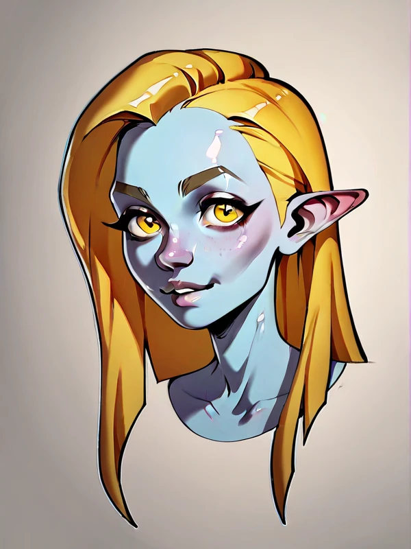 score_9, score_8_up,score_7_up, score_6_up, score_5_up, score_4_up, naked woman, best quality, highres, full bust shot, solo, beautiful, makeup, soft lips, (blue skin), full black eyes, white freckles, pointed ears, (white long hair), simple background, white background, 