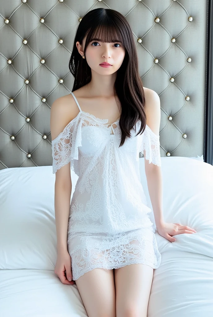 best quality,tmasterpiece,A high resolution,1girll,Printed nightdress,Silk nightdress,Silk nightdress,hair adornments,choker necklace,jewely,beautiful face,Physically,Small ,crisp breasts,Sitting on the bedside,sitted,Dingdall effect,realisticlying,Dark Studio,edge lit,twotonelighting,(highdetailskin:1.2),8K Ultra HD, Digital SLR, softlighting, high high quality, volumettic light, sneak shot, photore, A high resolution, 4K, 8K, Background bokeh,
