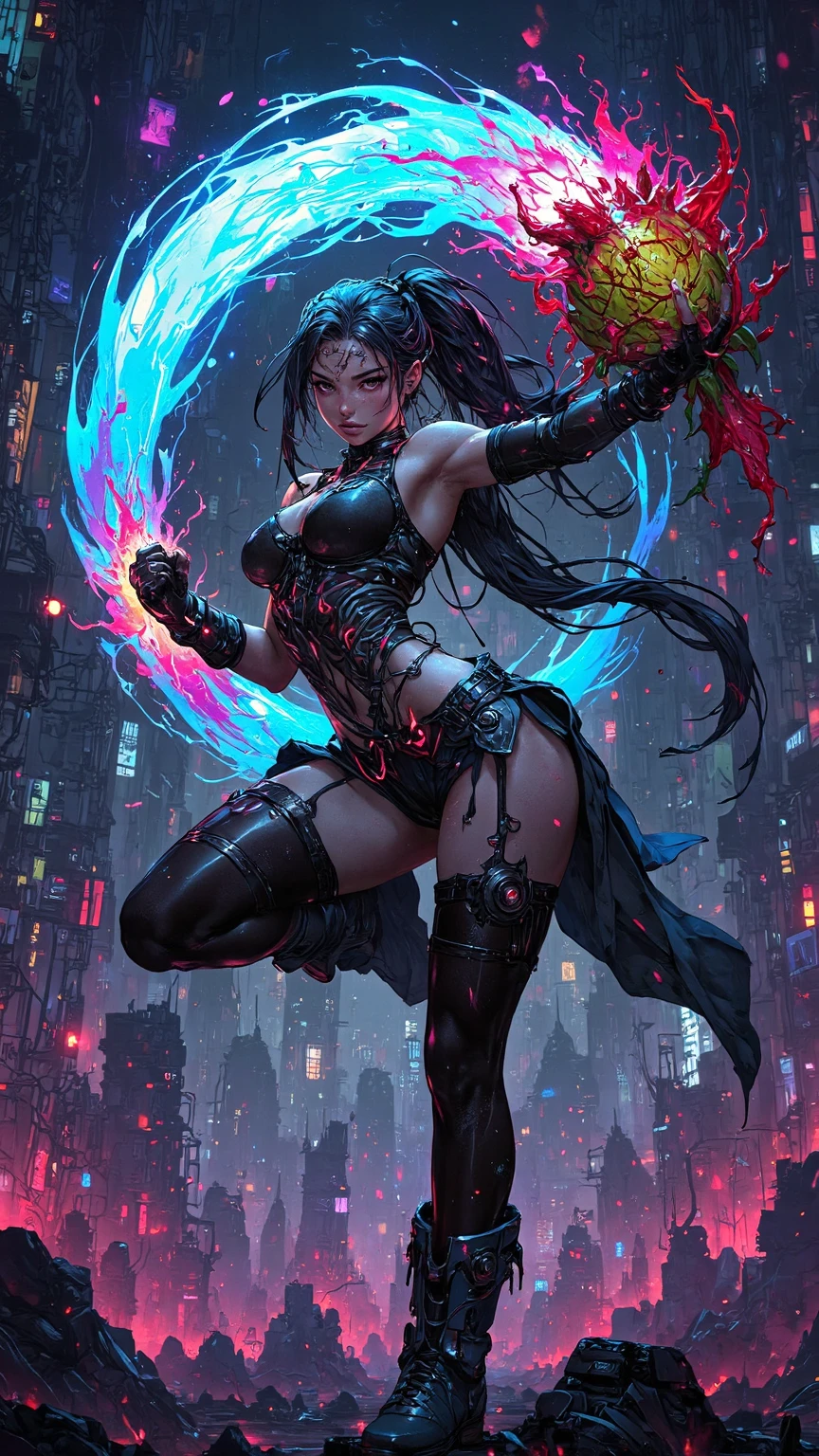 A dark-looking necromancer stands at the center of a terrifying location. Her eyes shine with intense magic, while her face mixes sensuality with a demonic expression. Her skin is pale and dead, standing out against the gloomy environment around her. She is surrounded by a macabre landscape, ((Rotten, dismembered dead rising from the earth and coming back to life at her command: 1.4)). The atmosphere is charged with dark magic effects, distorting the environment and creating a frightening and sinister scene. Random background must be ultra-detailed, rendered using CGI with Unreal Engine
But it should have a soft focus effect. Final artwork should not be based on a specific photograph, but should look realistic. Composition: The image should evoke a sense of technology and high-quality craftsmanship, reminiscent of a masterpiece of illustration and CG art. The composition must include elements of unity, wallpaper and official art. The final image must present fine details, extreme delicacy and beauty, with sharp focus and a high level of detail. (The construction of the image must be procedural based on the information described in this text: