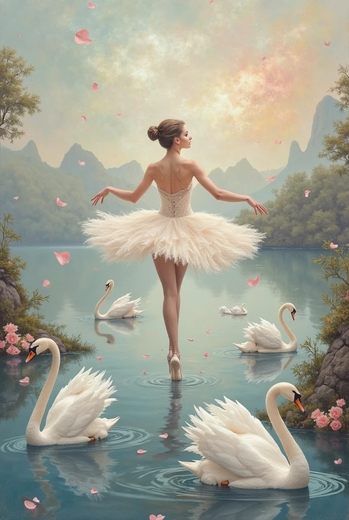 Beautiful ballerina dancing by the tranquil Lake of Swans at sunset:
A scene of ethereal grace and serenity unfolds in this exquisite painting. The soft, oil hues of dusk's first blush kiss the water's surface, casting a warm glow on the elegant ballerina as she loses herself in the gentle rhythm of her dance. Her lithe form, draped in a flowing tutu, mirrors the sinuous curves of the lake, while her arms, gracefully outstretched, reach towards the heavens like the graceful necks of the swans that glide effortlessly across the water. The masterpiece comes alive with intricate details in