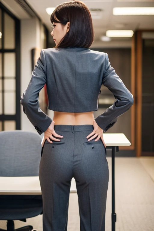 Best quality, masterpiece, ultra high res, (photorealistic), raw photo,1girl, skinny, upper body,solo, realistic, looking at viewer, long hair, bokeh background, (in the corporate office:1.4), brown eyes, topless black suit,  (nsfw:1.4), (full body), medium breast, (back pose:1.4)