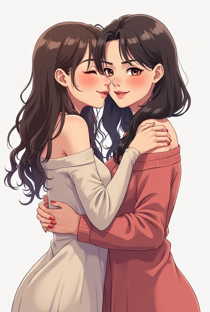 Two beautiful young women in Manga style, one with long black brown hair, with Asian features, the other British with semi-long light brown hair, dressed in jeans shorts and a white long-sleeved sweatshirt, are very much in love kissing deeply, illustration, realistic, anime, photography, poster, fashion, portrait photography