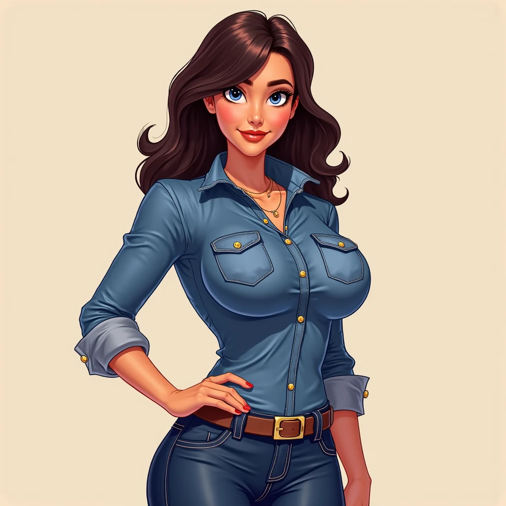 Digital drawing of a woman with short dark brown hair, thick eyebrows, large brown eyes, upturned nose, sexy and full lips, Fitness Body, blue blouse with an emphasis on the neckline up to the navel, wearing a shawl, tight cream body pants, with a bag hanging on her left arm, wearing brown sandals, 8k, Pixar style