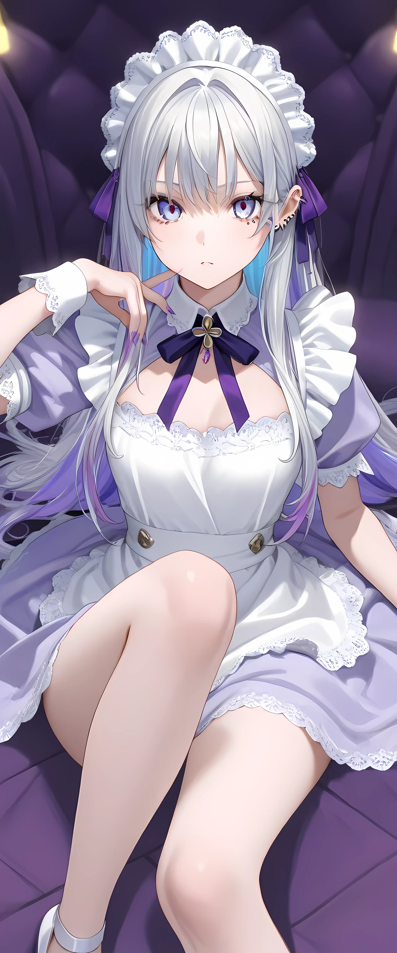masterpiece, best quality, high resolution, best illustration, super fine illustration, (official art:0.7), (anime screencap:0.8), detailed beautiful face and eyes, anime keyvisual, (perfect anatomy:1.2), nice hands,  
1girl,
long hair, low-tied long hair, braid, crown braid, 
white hair, 
(purple eyes:1.2), (beatiful detailed eyes:1.2), 
(pointy ears:0.8), 
flower, hair flower, hair ornament, hair ribbon, white flower, x hair ornament, 
medium breasts, 
dress, pink dress, bare shoulders, detached collar, long sleeves, shoulder cutout, wide sleeves, white sleeves, 
blush, 
looking at viewer, 
cowboy shot, 
natural light, BREAK background of indoor, lie on the bed, spread legs, nsfw, 
