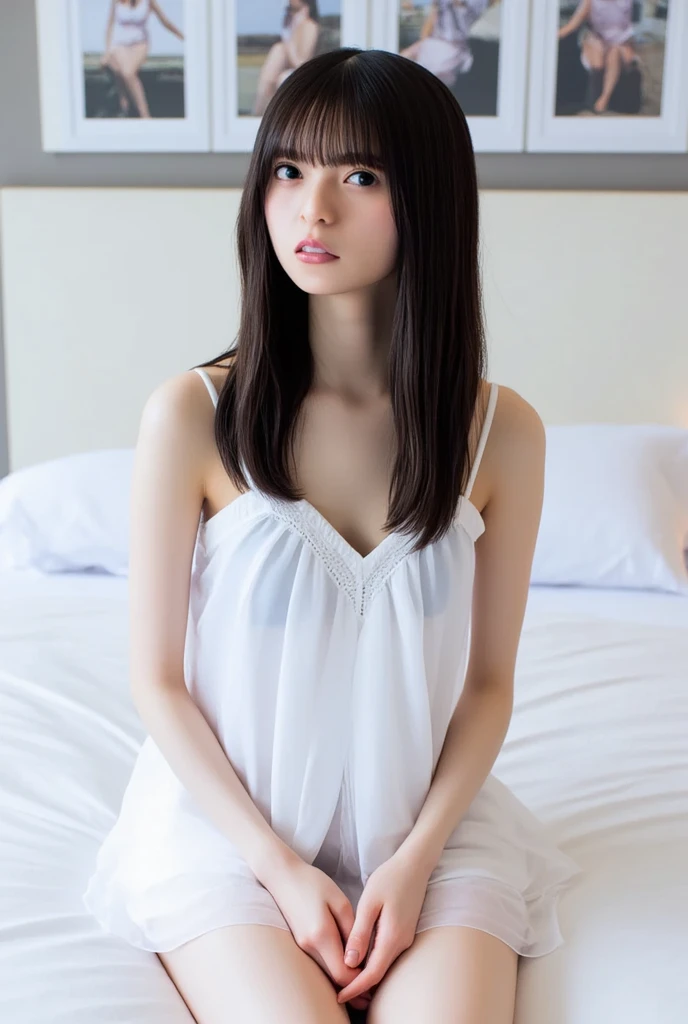 sleep1人の女の子(Very detailed image quality)極realistic skin texture、extremely detailed face(butt length hair、very long curly hair、Beautiful moist and manageable hair、smooth hair)((bright smile))、stare(Sexy 15 year old girl、small face、extremely beautiful face、natural makeup)(fair skin)(Glitter eyes)smooth skin、realistic skin texture ((interior old western building、Old floors、Bedroom、Are sleeping))(((white dress with zip in the middle、Micro Mini Length、The zip is boldly lowered、Breasts that look bold)))((Knee-high socks))((Bed、sleep、Can be seen below the knee))erotic pose、Stand up your legs、Extremely beautiful armpits、round beautiful breasts、beautiful cleavage、thin waist、constriction:1.2、big ass、Movie Writing、reflex board、face light、raise your arms、((((sleep:1))))(((Full body shot from above)))Arms restrained