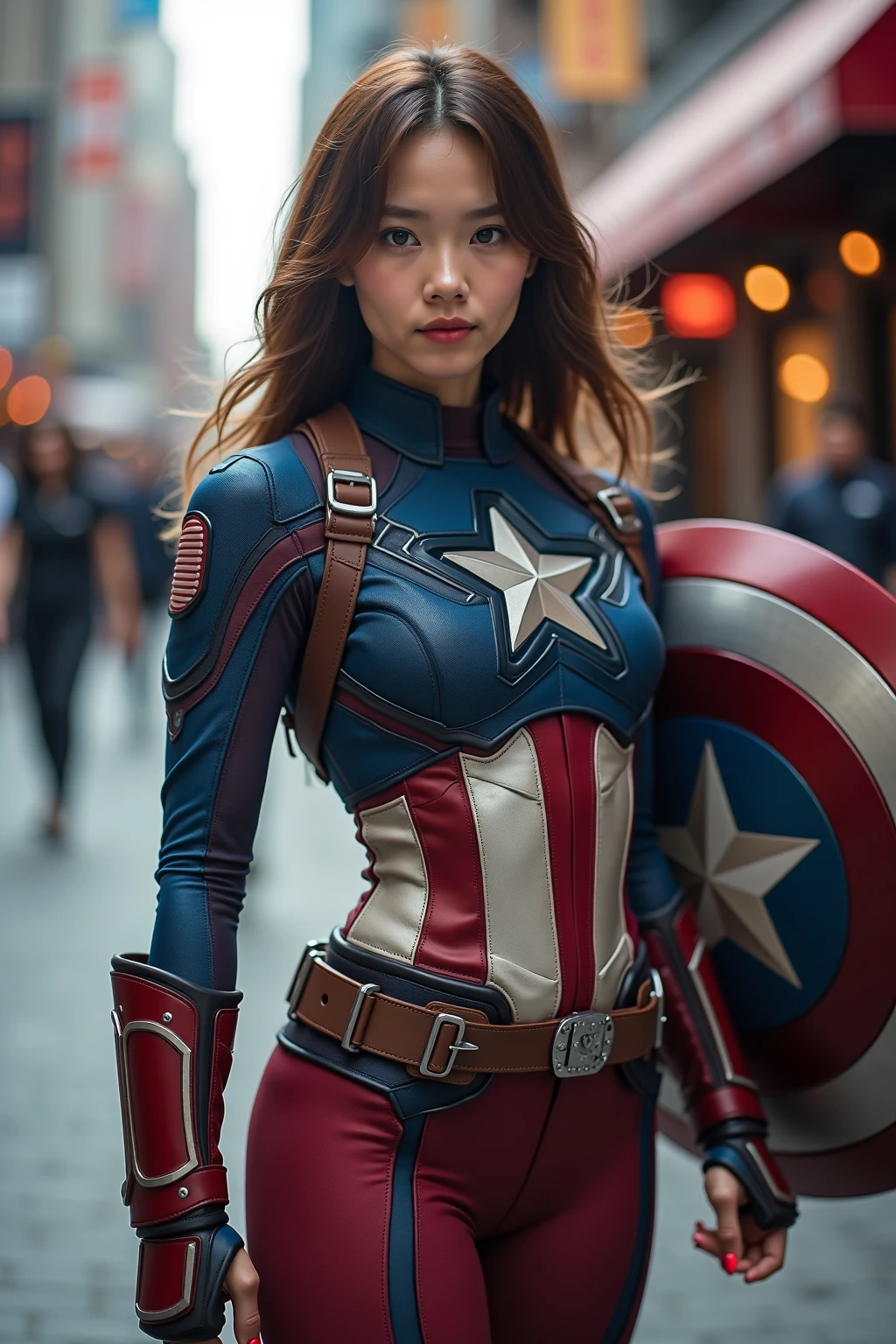 tmasterpiece:1.2, Best quality at best) Best quality at best, tmasterpiece, ultra-A high resolution, actual, ultra-actual detail, Focus sharp, (Real pictures, Carefully, depth of fields), ((tmasterpiece, 超詳細, 超詳細, A high resolution)), Alone, beuaty girl, eyes with brightness, perfect eyes, 6-year-old wears futuristic Captain America suit, Blue color scheme, (Shield in hand), 胸前有一个大Written的A, Very detailed abandoned warehouse background, 详细的脸, Detailed, complex, busy background, Messy, a gorgeous, milkyW, highlydetailed skin, actual skin details, Visible Pore, Focus sharp, volume fog, 8k ultra high definition, SLR camera, high qulity, filmgrain, White skin of the, 照片Written实, photography, A metropolis in a dystopia of the future , look from down, semi transparent, Fei walks down the street in Captain America costume, Amber Heard as Captain America, Taylor Swift plays Captain America, Margot Robbie as Captain America, Marvel and DC style, marvel style, Written (Microcontroller), Microcontroller style, marvel style, actual role-playing, professional , Emma Watson plays Captain America