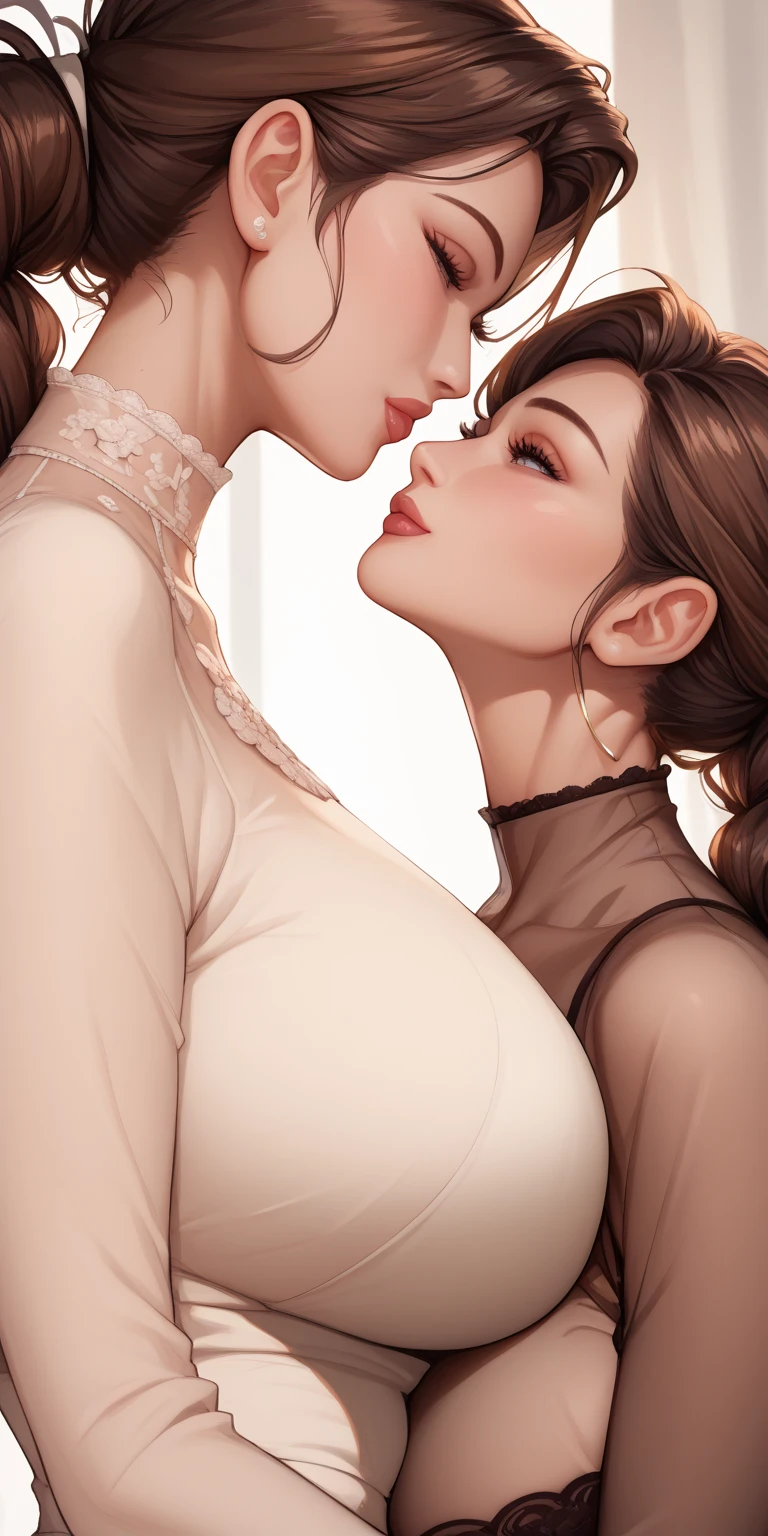 a beautiful mature japanese woman, two beautiful japanese women, long eyelashes, ultra long hair, red lipstick, pearl necklace, earrings, heavy eyeshadow, large breasts, huge breasts, cleavage, fully nude, completely naked, sensual, lesbian, deep kiss, embracing, loving each other
