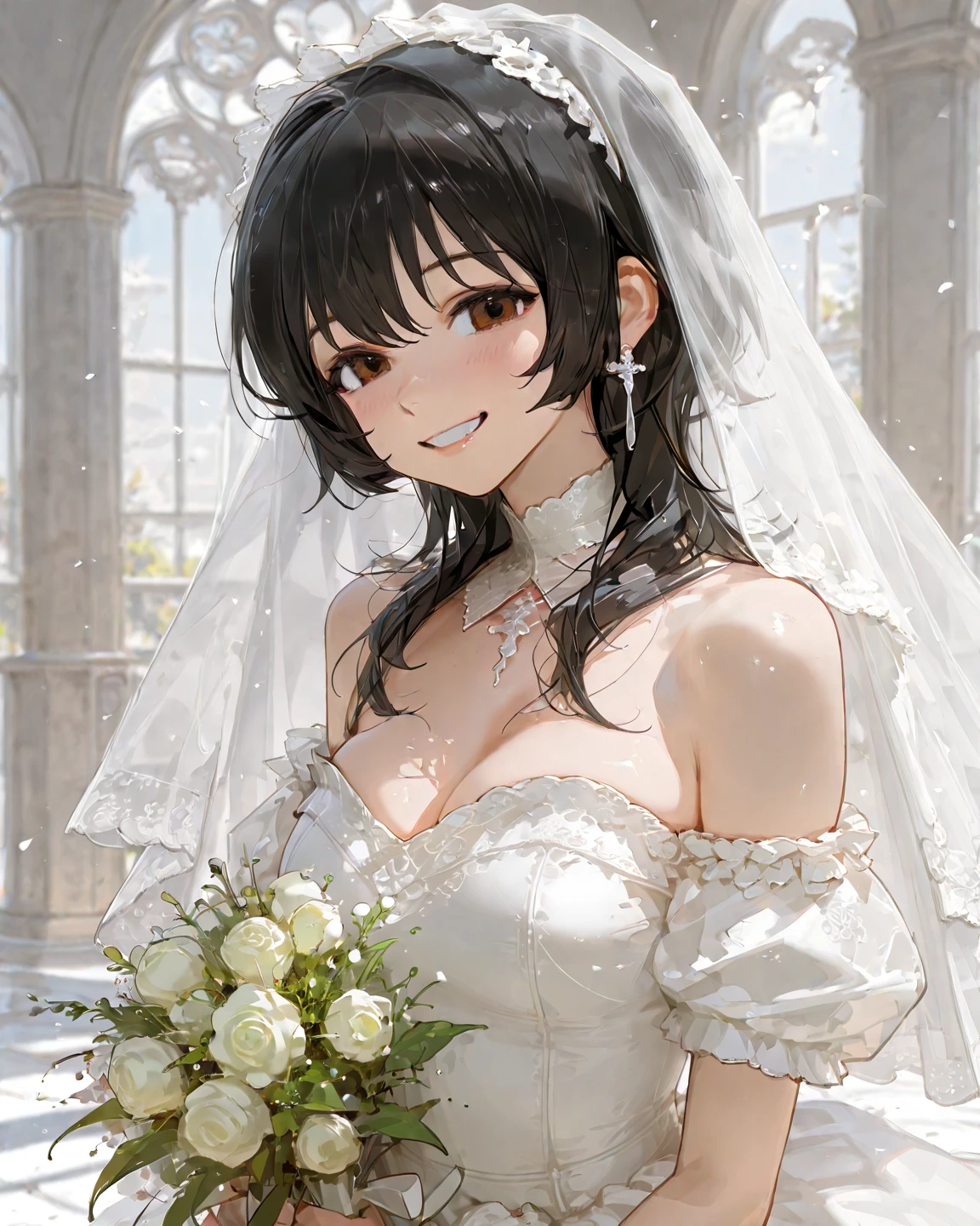 1girl, bangs, bare_shoulders, wedding_dress, (white_dress:1.5), bouquet, holding bouquet, breasts, bridal_veil, cleavage, closed_mouth, blush, happy tears, collarbone, dress, earrings, falling_petals, flower, grey_background, jewelry, long_hair, medium_breasts, necklace, pearl_necklace, pendant, petals, rose, rose_petals, short_hair, sleeveless, sleeveless_dress, solo, strapless, strapless_dress, tiara, upper_body, veil <lora:chara_RuanMei:1>