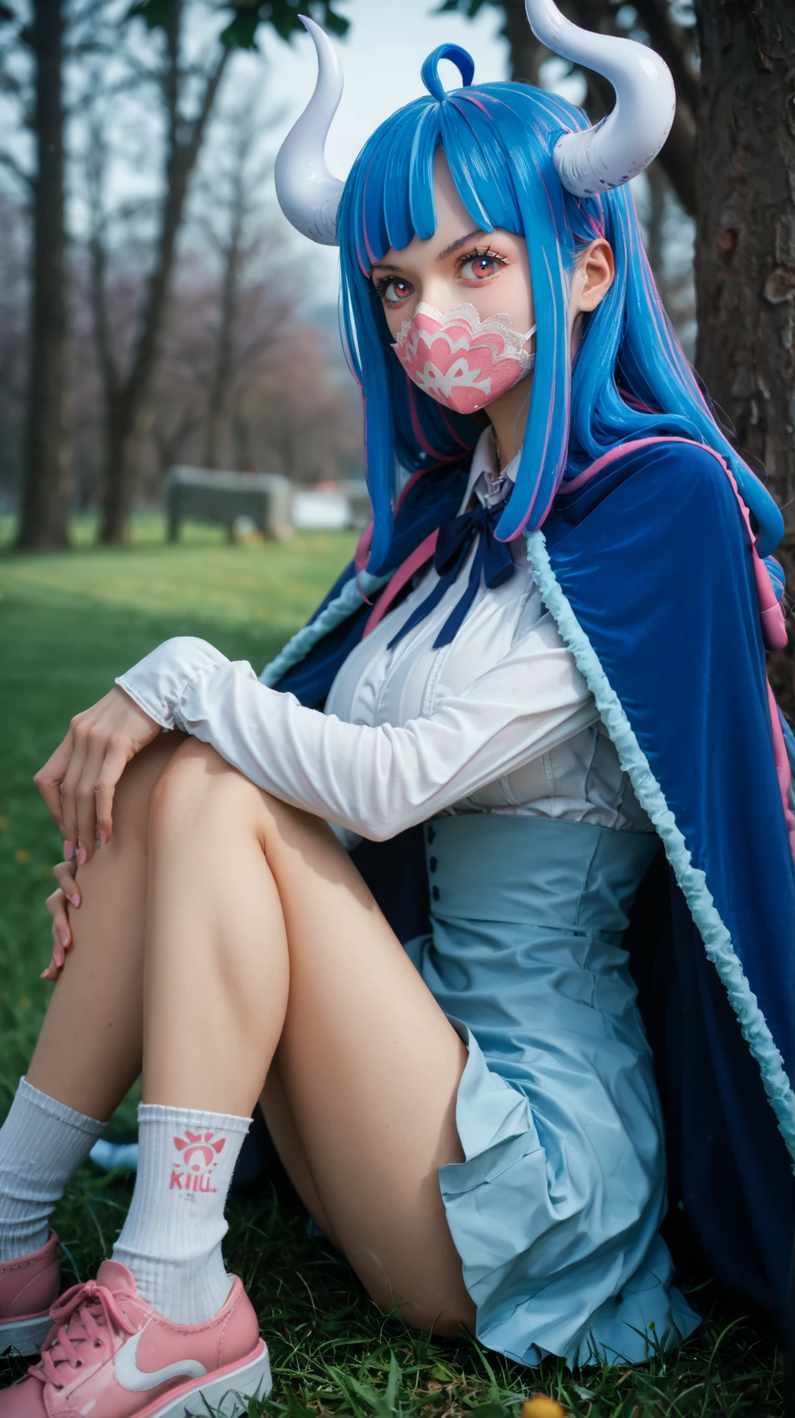 ult1, score_9, score_8_up, score_7_up, score_6_up, source_anime, 1girl, solo ulti, horns, pink eyes, multicolored hair, bangs, ahoge, mouth mask, blue cape, white shirt, long sleeves, neck ribbon, light blue skirt, high-waist skirt, large breasts, pink shoes, field, grass, trees, from side, sitting, knees, holding own knees, white horns, blue hair, pink streaks