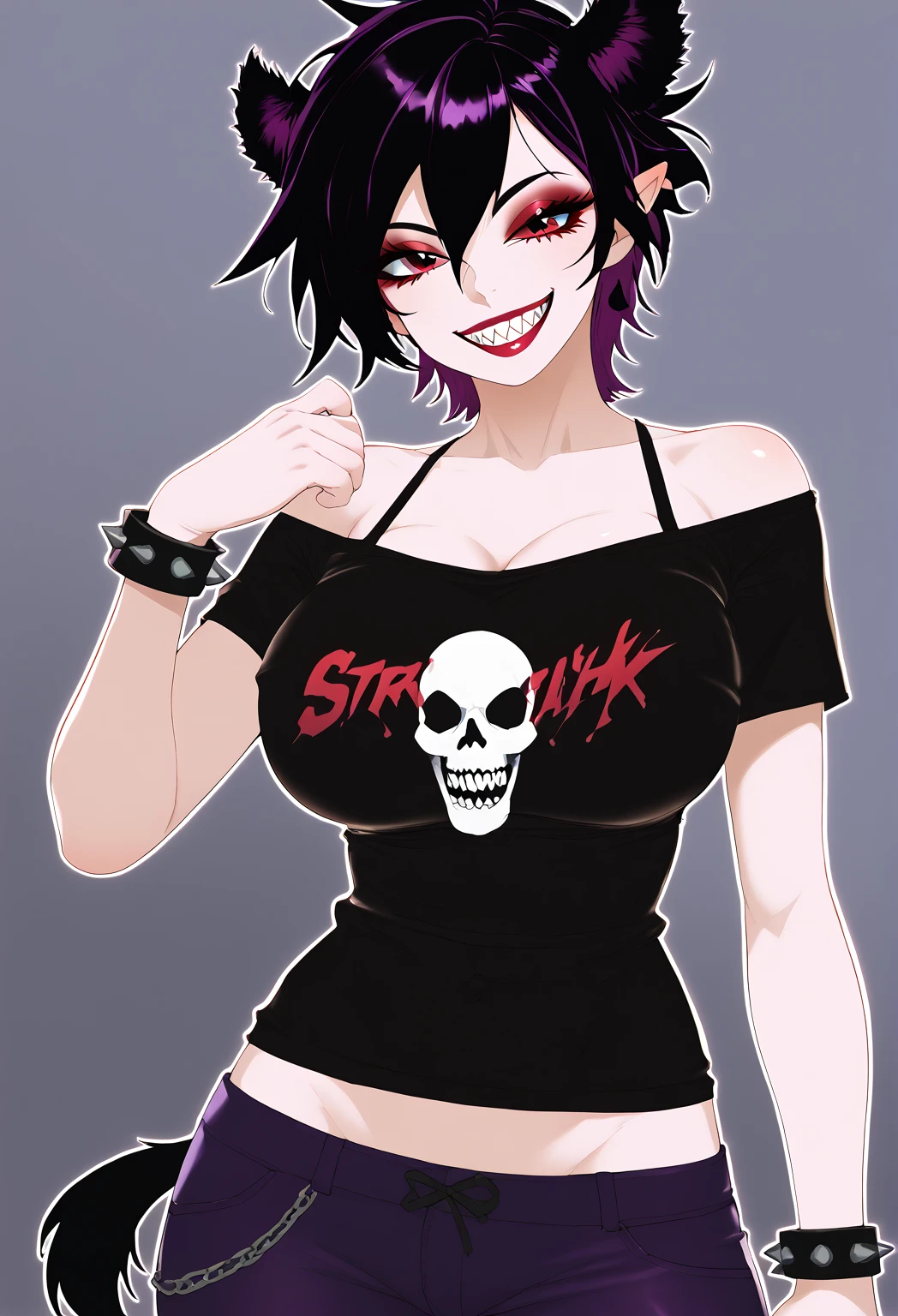 A hot girl with seductive curves exposed. Wearing a black sweater with white stripes. Goth nerd 