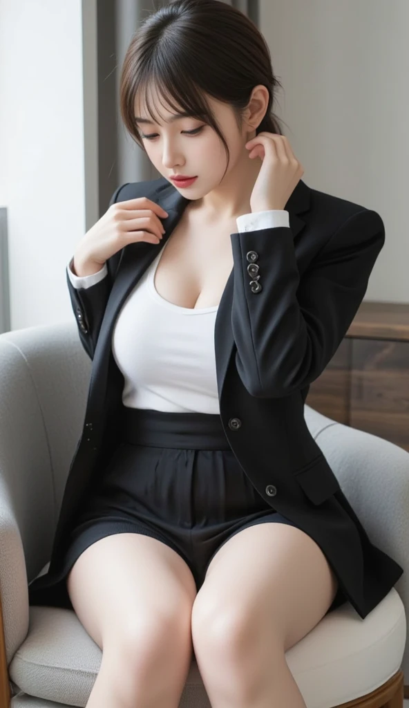 best quality, masterpiece, 1girl, Beautiful face, (photo realistic:1.3), rim lighting, (high detailed skin:1.2), 8k uhd, dslr, high quality, high resolution, 4k, 8k, Bokeh, absurdres, best ratio four finger and one thumb, (realistic:1.3), cute 1girl, wearing black formal blazer, medium breasts, short skirt,
