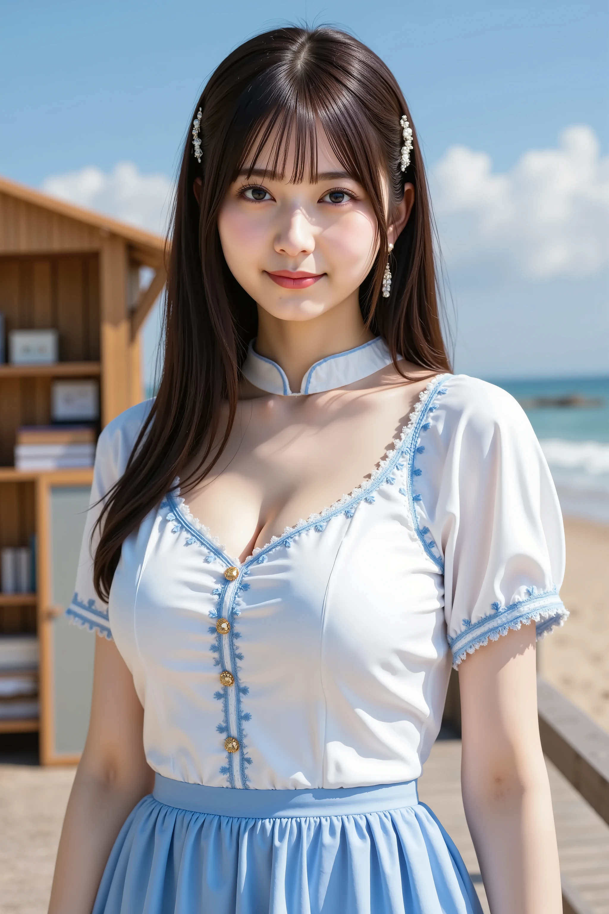 haruka, firm breast, A light and summery outfit featuring a two-tone dress with a fitted white bodice and a flowing sky-blue skirt. The bodice is made of smooth, structured fabric, tailored to form a flattering shape across the chest and waist. Blue embroidery traces the neckline and edges of the off-shoulder sleeves, adding refined detail. The short, flared sleeves are trimmed with lace, exposing the shoulders for a breezy, seasonal style. A mandarin-style collar gives the design a vintage touch, while the front is accented by three small gold buttons that shimmer in the sunlight. The waistline is cinched with a white band, creating a clean transition to the pleated skirt. The sky-blue skirt is lightweight and moves easily in the breeze, with soft folds that catch the light. Along the hemline, white embroidery in a floral pattern wraps around the edge, enhancing the summer feel. Her long dark hair is partly styled with a silver and pearl hairpiece above one ear, shaped like a small floral cluster. The background shows a calm beach scene under clear blue skies. To the right, gentle waves lap at a sandy shore, with sunlight reflecting on the water. Soft white clouds float across the sky, adding brightness and airiness. To the left stands a small wooden structure with an open door, likely a beach cabin or reading nook, its interior lined with books, papers, and small items. The deck is made of sun-warmed wood, slightly weathered from sea air, complementing the natural feel of the setting. The overall mood is peaceful and open, blending the elegance of the dress with the relaxed charm of the seaside, forming a warm and graceful summer scene.by adjusting the framing so the subject's full head is visible within the composition. Keep the camera angle and expression consistent while extending the top portion of the image naturally.