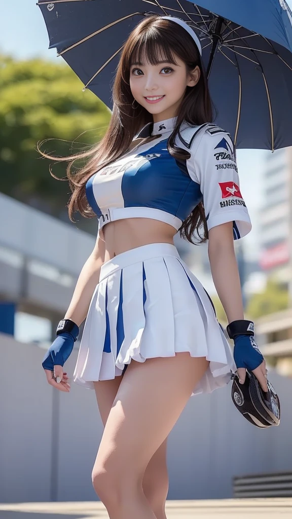 (8K, Raw foto, Best Quality, masutepiece:1.2), (realisitic, Photorealcitic:1.37), 超High resolution A, 1girll, 18 years-old, (idol:1.4), (Famous actresses :1.4), (beautifull detailed face:1), bangss,  (Multicolored floating hair), skin hollows, Light makeup, (beautiful big breasts:1.3), (radiant skin:1.1), sparkly skin, Long limbs, Slim, hanging chest:1.3, a narrow waist, medium hips, Thin leg, slim thigh, Dynamic lighting, Obscene face, Glossy texture, Lipstick, v-shaped eyebrows, V-Line Joe, looking up at viewer, (Long hair:1.3), (perfect faces:1.4), ((tempestuous winds)), Flowing Hair, audience, (Smile:1.3), blue-sky, (((Monte Carlo Street Circuit))), (((race car))), (((Racing bikes))), ((Promotion Girl:1.3)), ((Grid Girl:1)), Pink Lip, Light makeup, (Delicate promotional costumes are worn intricately:1.10), Lace-up boots, short sleeves, Cropped Top, ((Short jacket:1)), (Tube Top Bra:1), kneehighs, (((Nylon short-sleeved jacket with lots of logos))), (Knee-length glitter nylon pleated skirt), ((Asymmetric medium size nylon pleated skirt)), Small hips,  ((Promotional wear with logo)), (((Red and white glitter promotional clothing))), fingerless gloves, Belly view style, A dark-haired, Brown hair, Red hair, Blue Eyes, (sweatdrops:1), (Dynamic Angle), walking, bending forwards, audience,