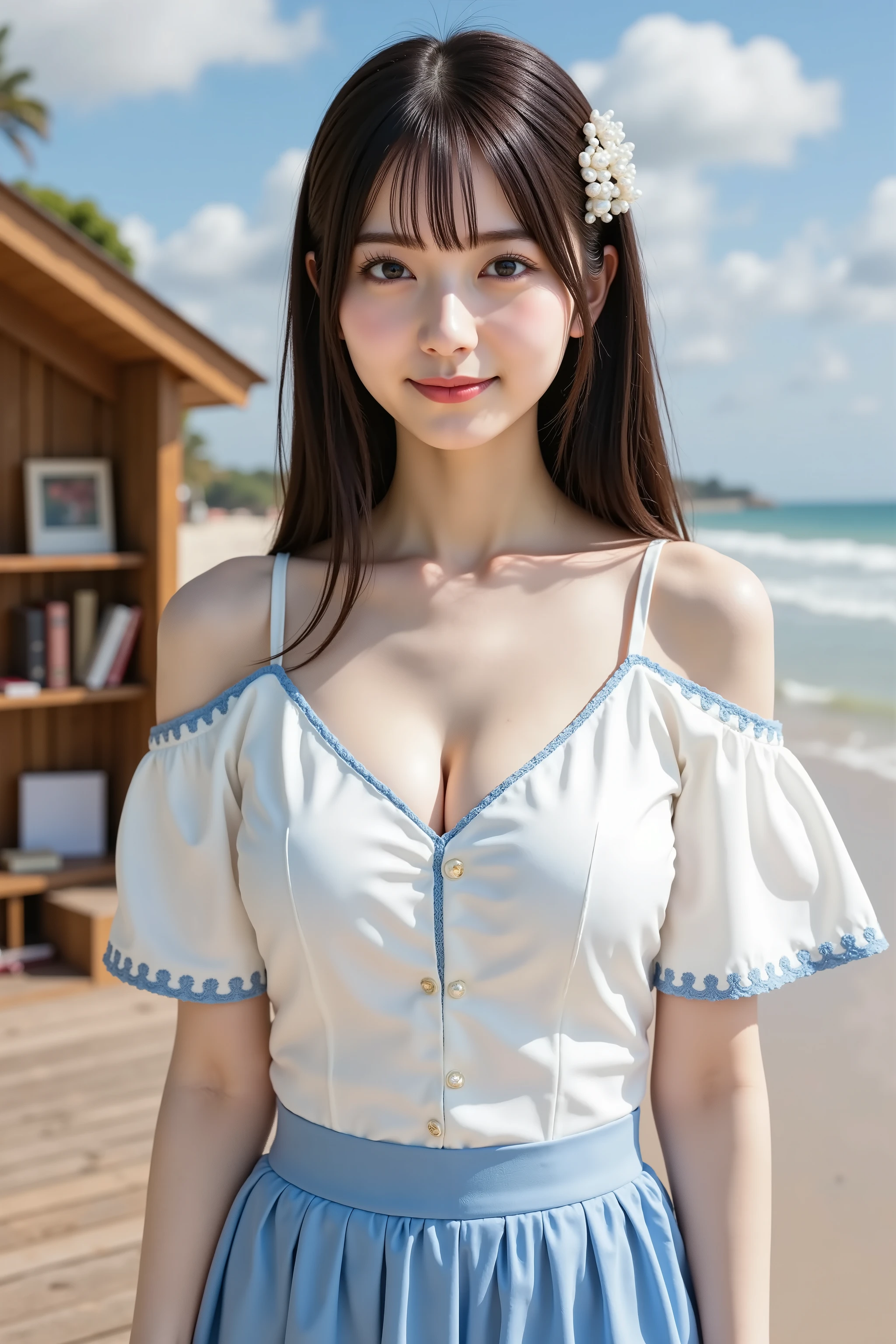 haruka, firm breast, A light and summery outfit featuring a two-tone dress with a fitted white bodice and a flowing sky-blue skirt. The bodice is made of smooth, structured fabric, tailored to form a flattering shape across the chest and waist. Blue embroidery traces the neckline and edges of the off-shoulder sleeves, adding refined detail. The short, flared sleeves are trimmed with lace, exposing the shoulders for a breezy, seasonal style. A mandarin-style collar gives the design a vintage touch, while the front is accented by three small gold buttons that shimmer in the sunlight. The waistline is cinched with a white band, creating a clean transition to the pleated skirt. The sky-blue skirt is lightweight and moves easily in the breeze, with soft folds that catch the light. Along the hemline, white embroidery in a floral pattern wraps around the edge, enhancing the summer feel. Her long dark hair is partly styled with a silver and pearl hairpiece above one ear, shaped like a small floral cluster. The background shows a calm beach scene under clear blue skies. To the right, gentle waves lap at a sandy shore, with sunlight reflecting on the water. Soft white clouds float across the sky, adding brightness and airiness. To the left stands a small wooden structure with an open door, likely a beach cabin or reading nook, its interior lined with books, papers, and small items. The deck is made of sun-warmed wood, slightly weathered from sea air, complementing the natural feel of the setting. The overall mood is peaceful and open, blending the elegance of the dress with the relaxed charm of the seaside, forming a warm and graceful summer scene.by adjusting the framing so the subject's full head is visible within the composition. Keep the camera angle and expression consistent while extending the top portion of the image naturally.