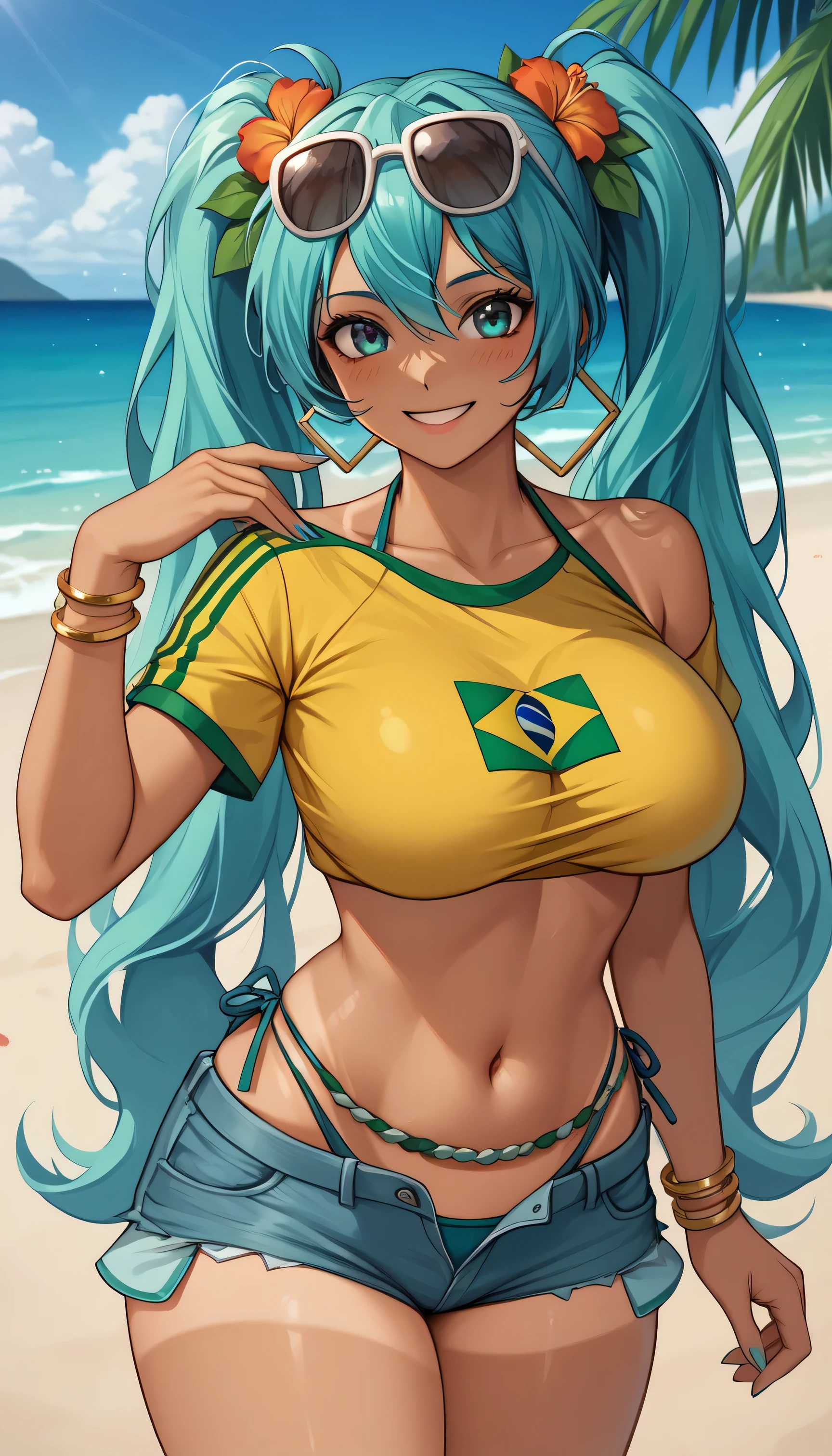 "A cheerful and vibrant Brazilian version of Hatsune Miku standing on the beach. She has long hair with two aqua colored pigtails., tanned skin with visible tan lines and wearing a tight yellow crop top with the Brazilian flag on it. She also has big breasts and thighs along with a big butt. She wears worn denim shorts and holds her breasts with her hands touching them gently.. Miku is smiling and wearing sunglasses on her head, with a tropical flower in her hair. The background features a sunny beach with a clear blue sky and palm trees.."
A cheerful Brazilian version of Hatsune Miku relaxes on the beach. Her long aqua hair is tied into two pigtails., Shining under the sun. Miku has tanned skin with visible tan lines., highlighting her curves, especially her big breasts which she shows without her uncensored bikini along with her thighs and butt.
She wears a yellow crop top with the Brazilian flag on it., which is raised she shows her uncensored breasts combined with a navy blue bikini. Worn denim shorts rest on her hips, complementing her beach look. Smile with a relaxed expression, while sunglasses rest on his head. On her ankle she wears an anklet with a green and white pattern., Matching a decorative belt in yellow. A tropical flower adorns her hair, and at least four gold bracelets shine on each of her arms.
The background is simple and sunny, perfect for a day at the beach, while Miku stands out as the center of attention, radiating Brazilian and summer energy.