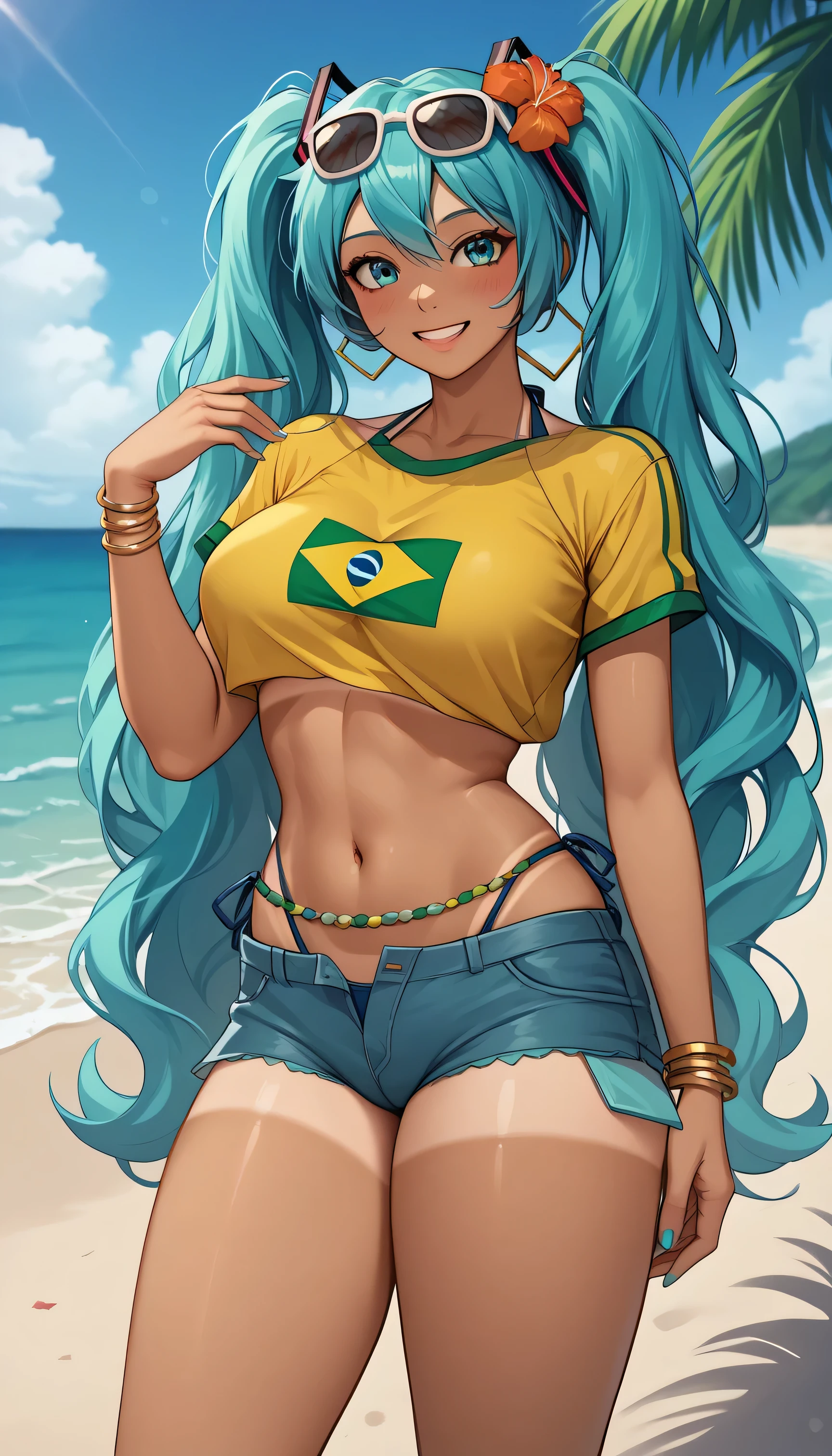 "A cheerful and vibrant Brazilian version of Hatsune Miku standing on the beach. She has long hair with two aqua colored pigtails., tanned skin with visible tan lines and wearing a tight yellow crop top with the Brazilian flag on it. She also has big breasts and thighs along with a big butt. She wears worn denim shorts and holds her breasts with her hands touching them gently.. Miku is smiling and wearing sunglasses on her head, with a tropical flower in her hair. The background features a sunny beach with a clear blue sky and palm trees.." A cheerful Brazilian version of Hatsune Miku relaxes on the beach. Her long aqua hair is tied into two pigtails., Shining under the sun. Miku has tanned skin with visible tan lines., highlighting her curves, especially her big breasts which she shows without her uncensored bikini along with her thighs and butt. She wears a yellow crop top with the Brazilian flag on it., which is raised she shows her uncensored breasts combined with a navy blue bikini. Worn denim shorts rest on her hips, complementing her beach look. Smile with a relaxed expression, while sunglasses rest on his head. On her ankle she wears an anklet with a green and white pattern., Matching a decorative belt in yellow. A tropical flower adorns her hair, and at least four gold bracelets shine on each of her arms. The background is simple and sunny, perfect for a day at the beach, while Miku stands out as the center of attention, radiating Brazilian and summer energy.