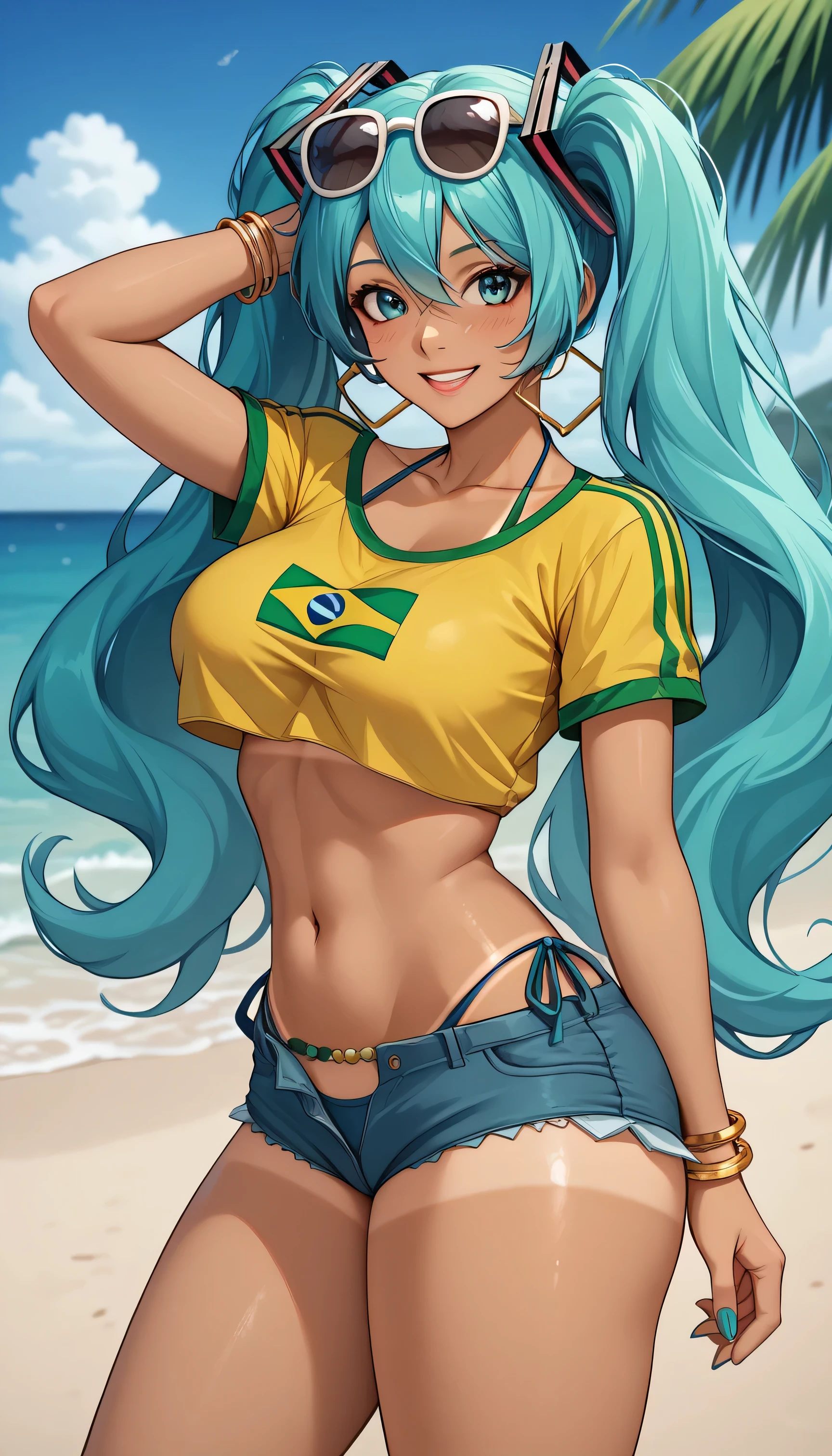 "A cheerful and vibrant Brazilian version of Hatsune Miku standing on the beach. She has long hair with two aqua colored pigtails., tanned skin with visible tan lines and wearing a tight yellow crop top with the Brazilian flag on it. She also has big breasts and thighs along with a big butt. She wears worn denim shorts and holds her breasts with her hands touching them gently.. Miku is smiling and wearing sunglasses on her head, with a tropical flower in her hair. The background features a sunny beach with a clear blue sky and palm trees.." A cheerful Brazilian version of Hatsune Miku relaxes on the beach. Her long aqua hair is tied into two pigtails., Shining under the sun. Miku has tanned skin with visible tan lines., highlighting her curves, especially her big breasts which she shows without her uncensored bikini along with her thighs and butt. She wears a yellow crop top with the Brazilian flag on it., which is raised she shows her uncensored breasts combined with a navy blue bikini. Worn denim shorts rest on her hips, complementing her beach look. Smile with a relaxed expression, while sunglasses rest on his head. On her ankle she wears an anklet with a green and white pattern., Matching a decorative belt in yellow. A tropical flower adorns her hair, and at least four gold bracelets shine on each of her arms. The background is simple and sunny, perfect for a day at the beach, while Miku stands out as the center of attention, radiating Brazilian and summer energy.