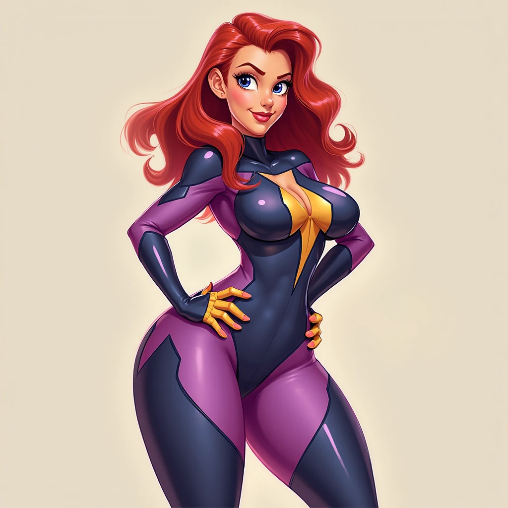 Slim athletic woman, age 25, 4K (High definition), beautiful smile, seducing gaze (blinking to camera), eyes browns, wearing a medieval dress ((with v-neckline)), arms crossed in front of the body, skin fair, loose red hair ((at shoulder height)), standing (upper body), curvy with freckles on her chest and neck, big round breasts. High-quality Marvel style, white background.