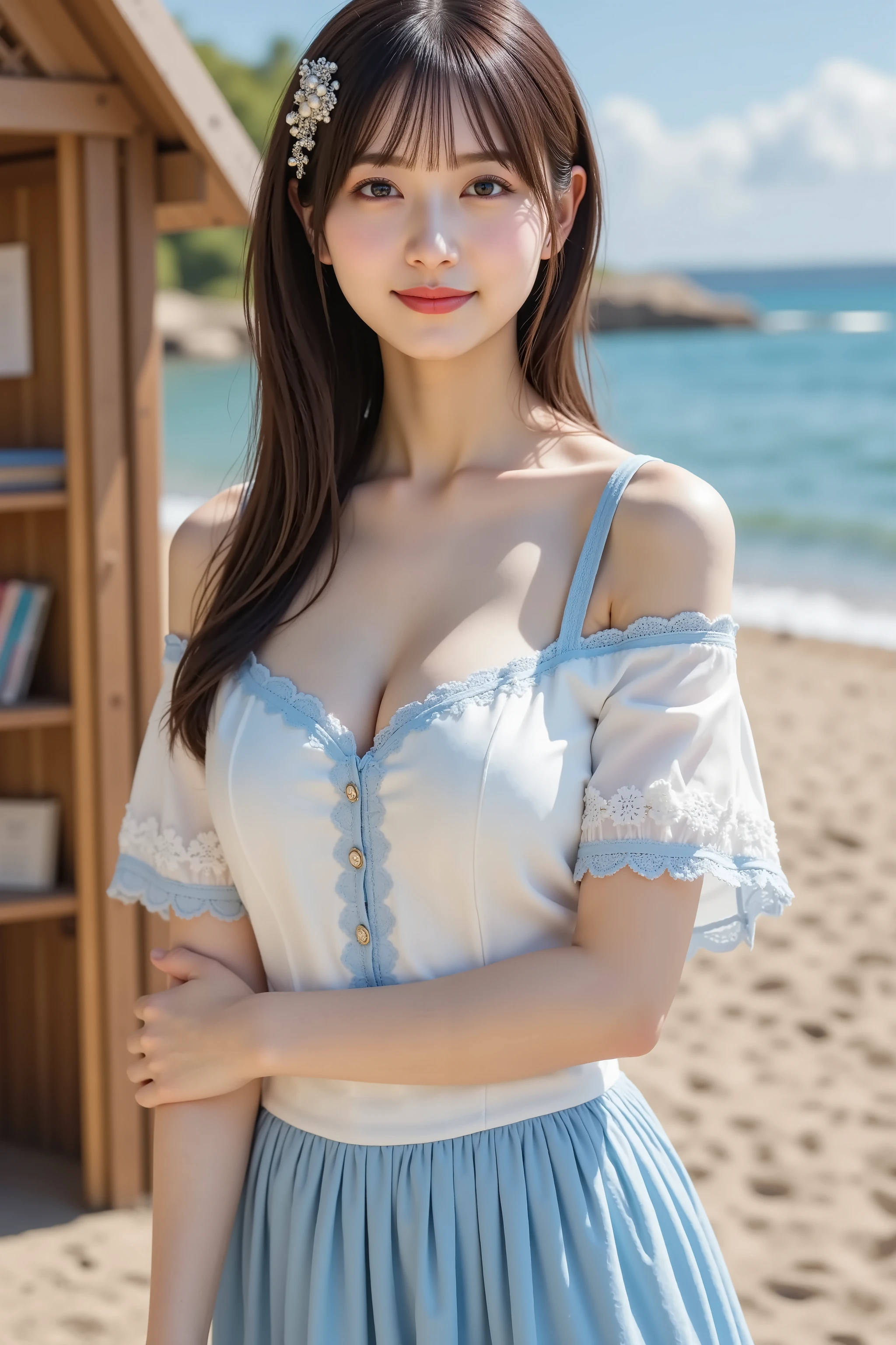 (Highest quality, masterpiece, Ultra-high resolution, (Realistic:1.4), RAW Photos, Depth of written boundary, Professional Lighting, Perfect Anatomy, Very detailed), One girl, 15 years old, The most famous Japanese idols, (Wear beautifully designed summer clothes), Have fun at the beach in summer, (Very cute face like the most popular Japanese idol), ((Very cute and very big realistic eyes)), (Very beautiful hair), (((Very beautiful、Highly realistic skins))), Very beautiful body, Dynamic pose, View your viewers, An innocent smile, ((Summer beach details)), ((Beautifully designed detailed summer dress))
