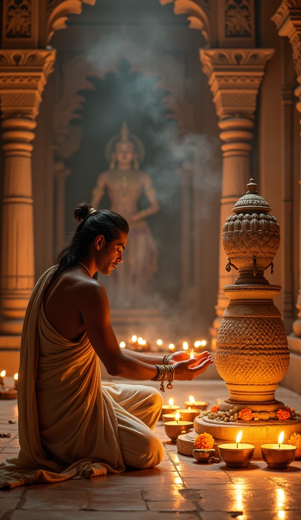 A dark room, a man sitting on the floor performing yajna at the yajna altar.  The back of the man is visible.  The dark room is dimly illuminated by the light of the sacrificial fire.  On the wall in front of the man is a terracotta goddess, seated on Padmasana.