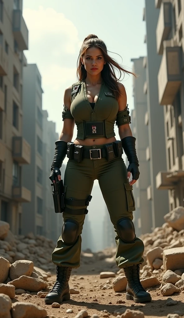 1 beautiful female soldier fighting bravely in the ruins of the city,((whole body,)), <lora:koreanDollLikeness_v15:0.2>look straight into the camera,