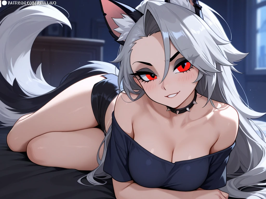 score_9,score_8_up,score_7_up, source_furry, loona from helluva boss, hellhound, snout, white irises, red sclera, long white hair, animal ears and tail, naked, wearing only black thong, thigh high socks, breasts, she is sitting on viewers lap, on a bed, simple grey background, she is grinning, devilish grin, sharp teeth,