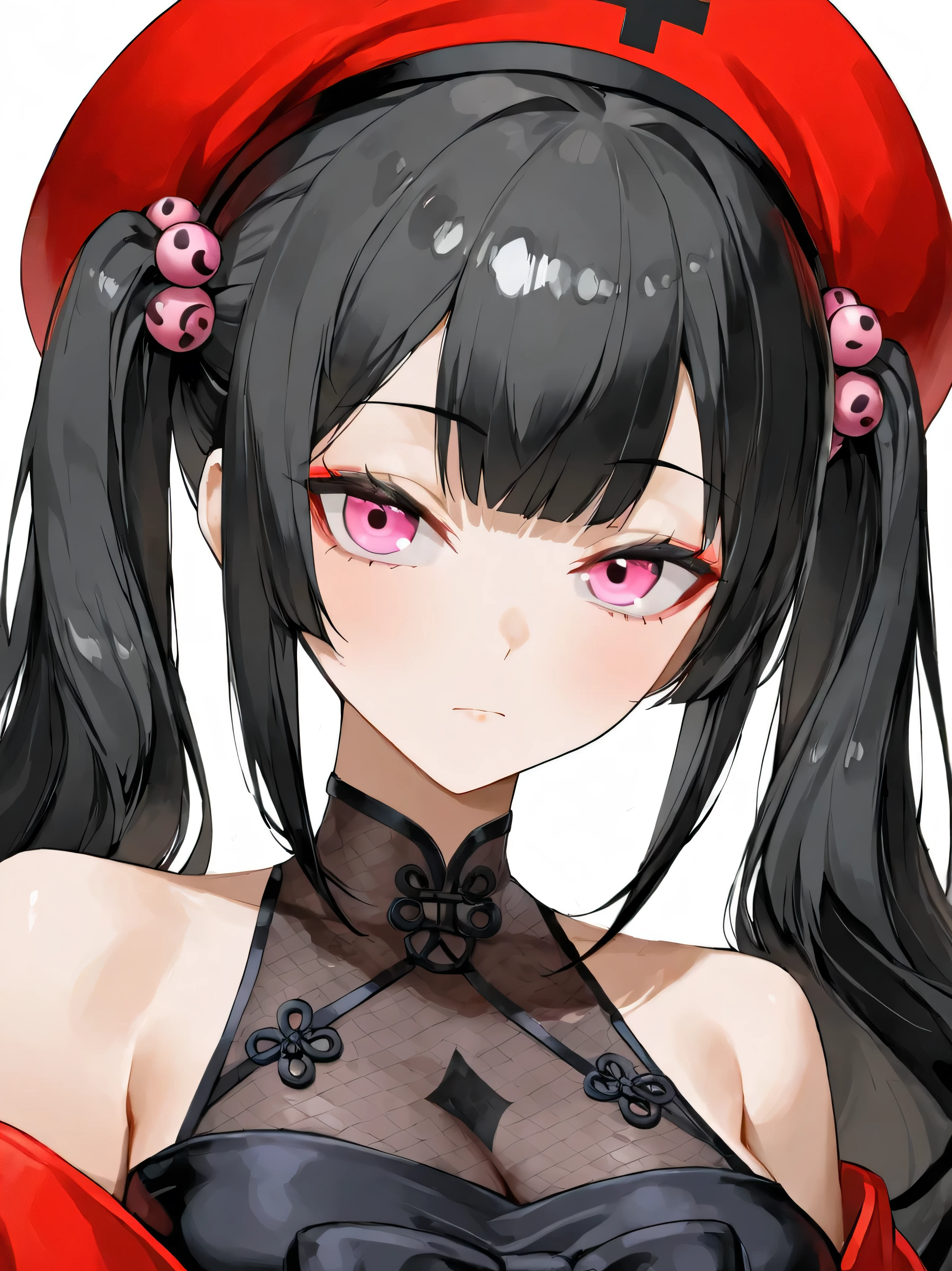 red hat. black hair. Pigtails. Hair Ties. pink eyes. black dress. lifeless eyes. without emotion. Adult woman. Baixa. serious face. inexpressive