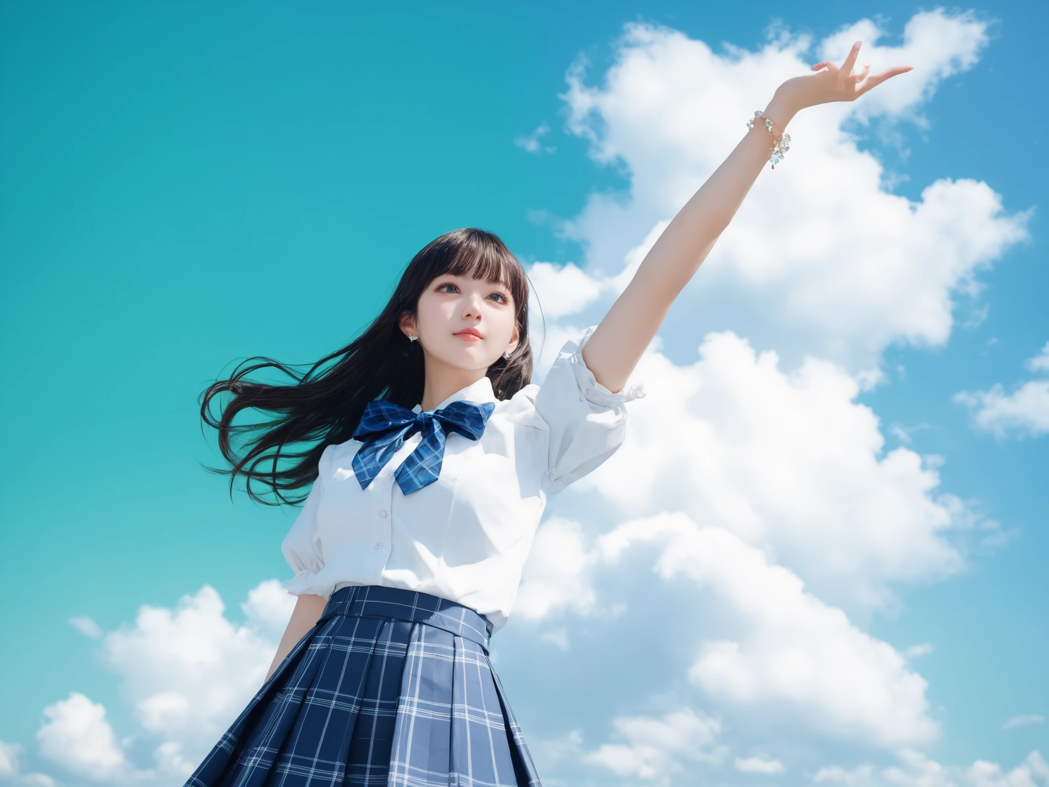 Background green screen. 1 girl. Long straight hair wears a white short-sleeved top with a navy blue ribbon and a blue checked pleated skirt. Her accessories are understated with a delicate bracelet. Her dynamic pose, with one arm raised and the other relaxed, exudes a youthful and active air. A soft, cloudy sky in the background creates a light and airy atmosphere. The natural light from outdoors provides a good exposure balance. Her whole body is captured beautifully at a slightly low angle.
A monochromatic green background.