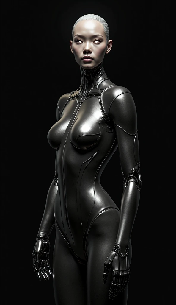 (masterpiece:1.2), (realistic), absurdres, 1girl, solo, atomtwins, (metallic_skin), robot, android, red star, (faceless:1.6), skinny, (small breasts), erect_nipples, cleavage, (cameltoe:1.4), (simple_background:1.4), (gray_background:1.4), (leotard), (thighhighs), (arms_behind_head:1.4), (armpits), (spread legs:1.4), (standing), (bowlegged_pose:1.2)