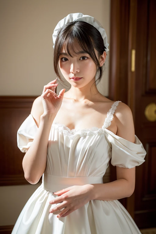 (masterpiece: 1.4), (hyper realistic: 1.4), (best quality, 16k, 32k, masterpiece, UHD: 1.2), dainty Japan herself female photo, one young girl, double eyelidig: 1.2), sexy bride, (pure sheer white wedding dress, wedding veil)), (deep slit: 1.2), (smile: 1.1), Off-shoulder, ((in bedroom)), cleavage cutout, (sideboolose to viewer), (natural light)