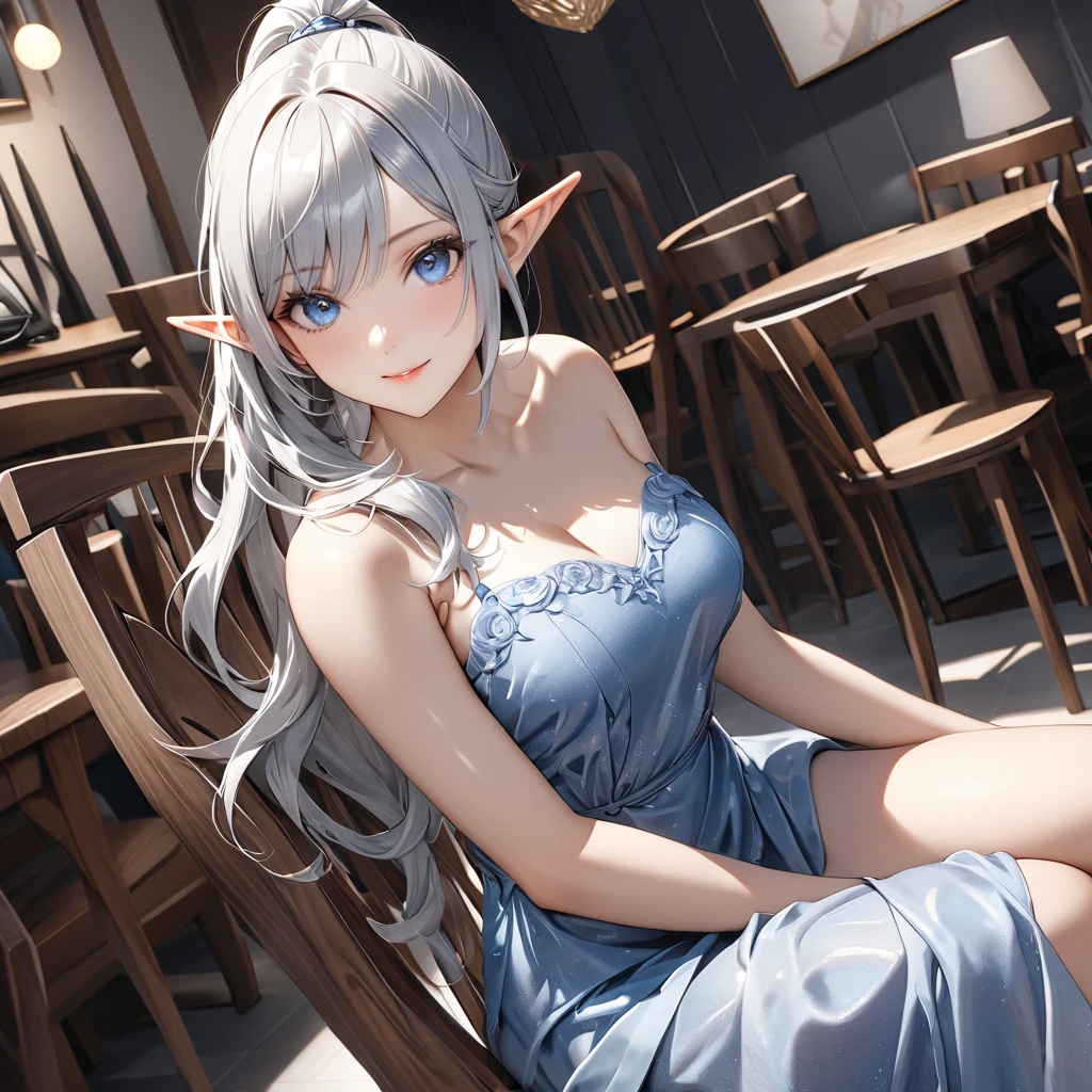 Beautiful elf girl, gentle, ((silver hair)) Messy long hair with long bangs, beautiful cute face, Charming, smiles tenderly,, The kind expression on his face, Facing the camera, ((Color of the skin: white)), Body highlights, ((Clear eyes)), ((Beautiful Female Eyes)), ((Purple eyes glow)), ((Perfect sexy figure)), ((Ideal body shapes)), big hips, ((Slim and beautiful)), ((sexy clotheedieval white dress with black corset and sexy neckline, necklace)), stands embarrassed, when the maid holds her hands down, background: Modern Kitchen Beautiful House, depth of field, ((ultra quality)), ((the masterpiece)), ((sharp image)), ((clear details)), ((Realistic)), ((professional photo shoot)), ((Clear Focus)), anime, ((Colorfully drawn)), NFV