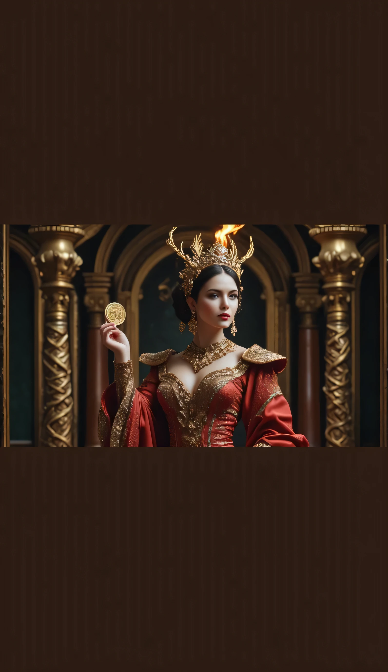 An image Ultra-realistic full-body, high-resolution character that resembles a luxurious woman, adorned with accessories, Jewelry and Ornaments. stands up confidently, with a small flame flickering above her head, symbol of her unique aura. on one hand, she holds a cane adorned with intricate designs, while on the other she gracefully presents a gold coin with a striking face, devoid of letters. The scene captures the essence of luxury fashion fused with photorealistic surrealism, showing a realistic cinematography that transports the spectator to a world dreamlike but tangible. As the camera moves away, the combination of opulence and surreal elements creates a captivating visual narrative.