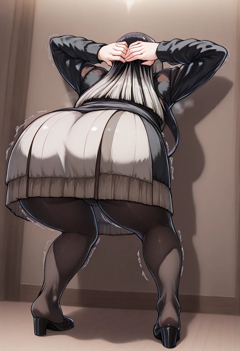 antro (brown owl), winged arms, female, large breasts, beak, round glasses, flowery short dress, large lacy panties, wide hips, fat body, huge thighs, huge ass, rear view, lying on a sofa, library background, realistic lighting, top, bottom, embarrassed smile