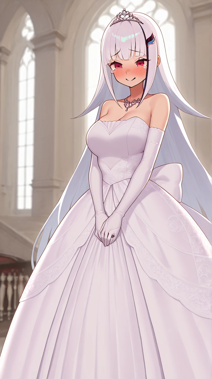 Carmilla Hazbin Hotel, 1girl, dress, cleavage, bare shoulders, collarbone, long white elbow gloves, white gloves, white dress, white choker, strapless, tiara, veil, strapless dress, wedding dress, bridal veil, beautiful woman, perfect body, perfect breasts, wearing a wedding dress, ball gown, in the park trees, wedding decorations, a in love smile, realism, masterpiece, textured skin, super detail, high detail, high quality, best quality, 1080p, 16k