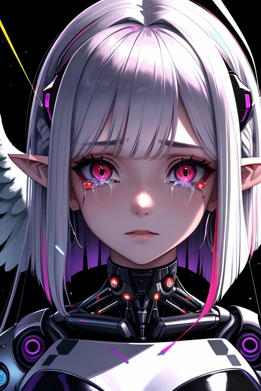 appearence a 13 years old teenage girl,red eyes,albino,calm,quiet,cute,pretty,full body,looking ahead,short hair combed back,red outfit,black short,tied hair,spider verse suit,serious look,cyberpunk background