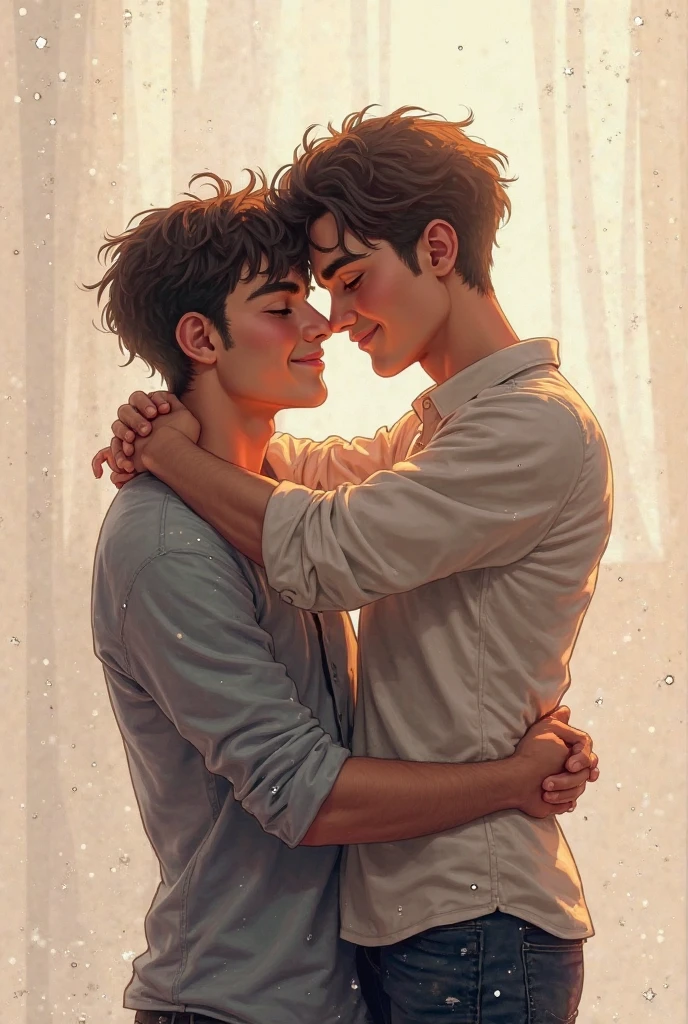Two cute young men hugging each other, one smiling and one crying.