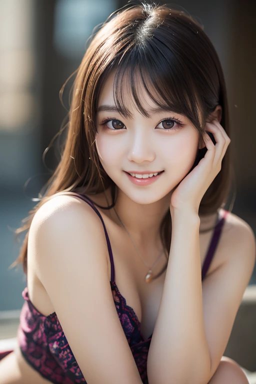 Master piece, highest quality, 8K, 10 year old student, teenager, raw photo, unreasonable, award portrait, smile, solo, (night: 1.8), idol face, black underwear, delicate girl, upper body, digital SLR , Viewer's Eyes, Candid, Sleek, Thin Arms, Professional Lighting, Film Grain, Chromatic Aberration, (Eye and Face Details: 1.0), (Bokeh: 1.1), (Black Camisole: 1.2), Mouth Closed