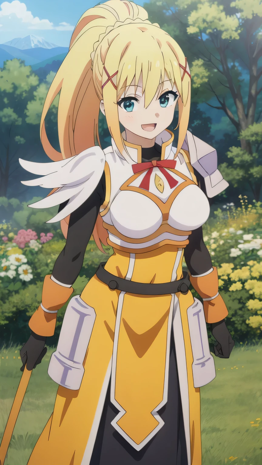 masterpiece, best quality, high resolution, best illustration, super fine illustration, (official art:0.6), (anime screencap:1.1), detailed beautiful face and eyes, anime keyvisual, (perfect anatomy:1.5), 8k portrait, (detail focus fingers:1.2),
1girl,
darkness,
darkness \(konosuba\),
long hair, ponytail, x hair ornament, hold sword,
blonde hair,
(blue eyes:1.2),
black gloves,
large breasts,
armor, pauldrons, shoulder armor, long skirt,
standing,
(background of outdoors, forrest, blue sky, nature),