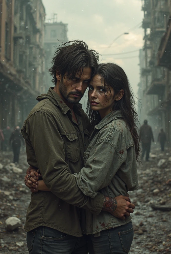 Couple avec des vêtements dechirés et les cheveux sales dans un terrain vaste s'éfondrant autour d'eux, ils se font un dernier baiser sachant qu'ils vont mourir