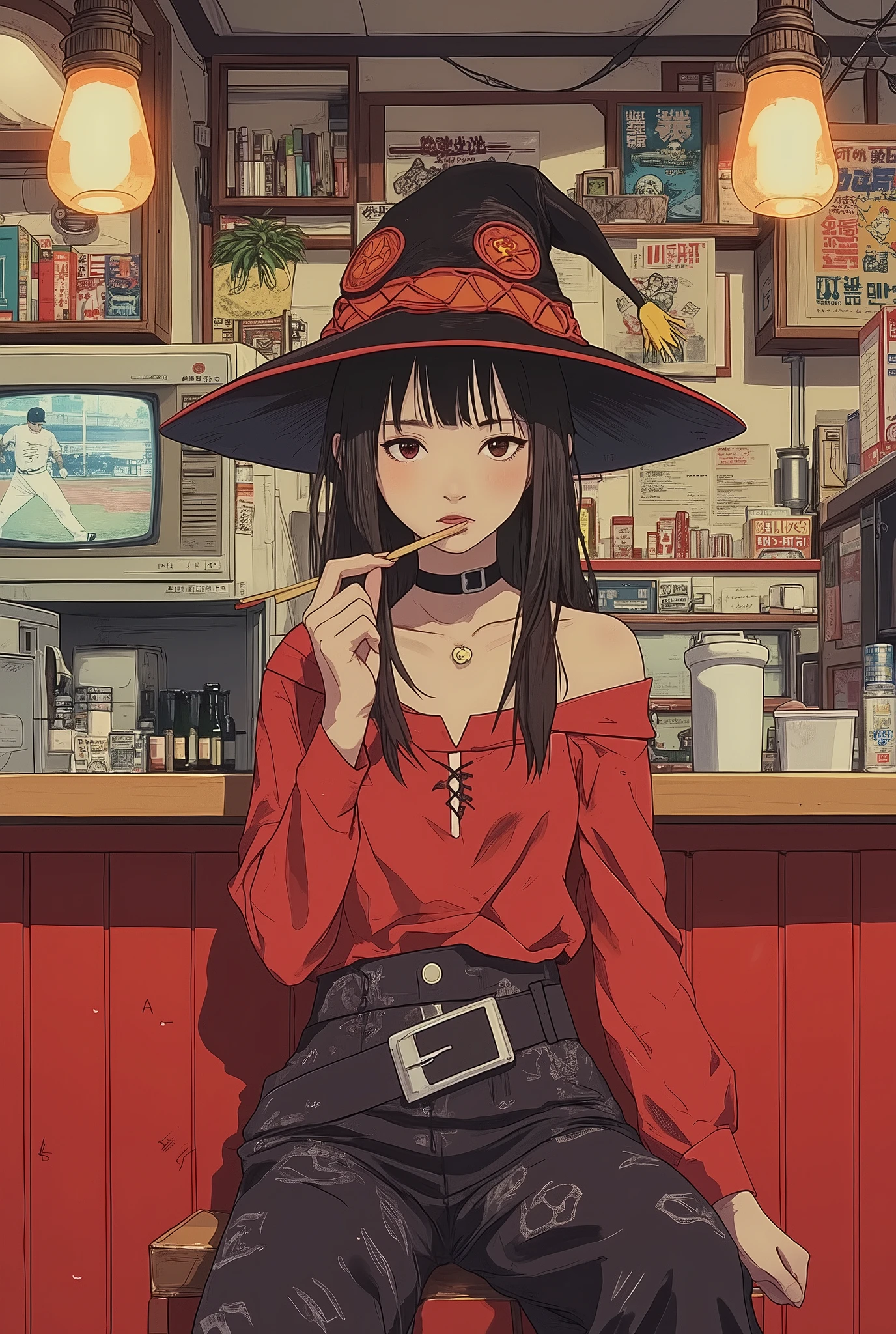 A young woman with long dark hair sits at the counter of a ramen shop. このすばのMegumin、Megumin、 witch hat、With bangs、Roomy red clothes, dark patterned trousers. Her posture is relaxed.、chopsticks in my mouth, A relaxed expression and focused eyes、staring at the camera. her smooth , The white skin complements the anime-style aesthetic. is taken indoors, Inside a quaint ramen shop with manga lined shelves, A television broadcasting a baseball game, A red counter, warm lighting, and has a cozy, casual atmosphere. The illustration is done in vibrant colours, Inspired by the 90s anime aesthetic of Mamoru Hosoya, Killian English , Moebius, and Tom Wesselmann. Detailed 2D art is done in gouache, Creating a vibrant, tranquil watercolor poster-style image.