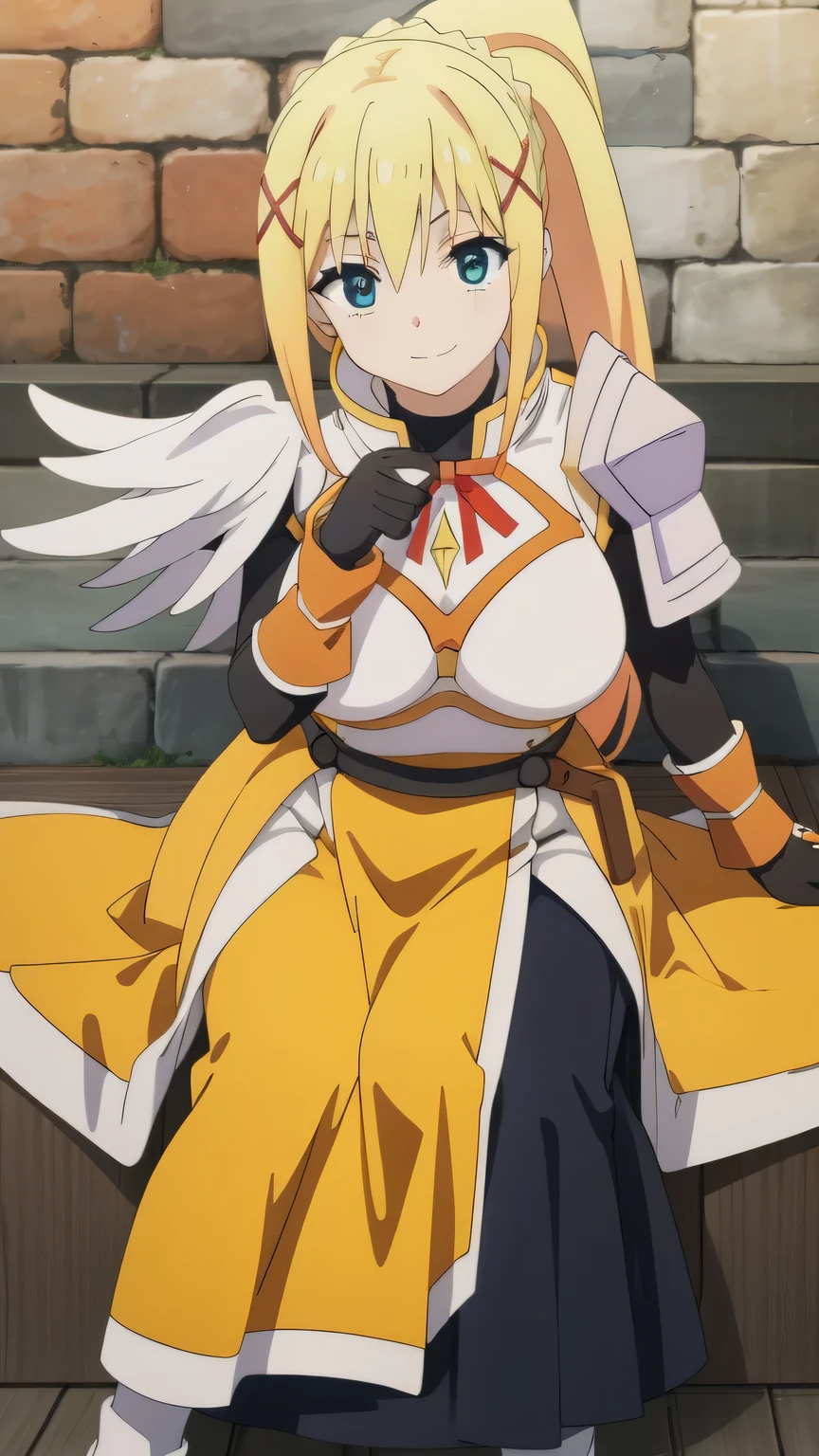 {{{masterpiece}}}, (best quality:1.5), (ultra-detailed:1.5), {illustration}, {{an extremely delicate and beautiful}}, (beautiful detailed eyes:1.6), absurdres, highres, extremely detailed face, 16k, hd, visual anime de uma jovem mulher, extremamente bonito rosto de anime, anime melhor garota, (perfect hands, perfect anatomy), anime face, darkness (konosuba), 1girl, solo, cute face, long hair, blonde hair, braid, ponytail, x hair ornament, bangs, sidelocks, blue eyes, square face, round chin, tall of a person, breasts, large breasts, big hips, curvaceous, BREAK, armored dress, white armor, breastplate, shoulder armor, pauldrons, yellow dress, red ribbon, wrist guards, black gloves, brown belt, black skirt, long skirt, (yellow pelvic curtain:1.2), yellow loincloth, long waist armor, white boots, BREAK, ( Sit on the stairs:1.2), face focus, Looks happy, upturned eyes, flushed cheeks, looking at viewer, covering chest by one hand, knees together feet apart, sit