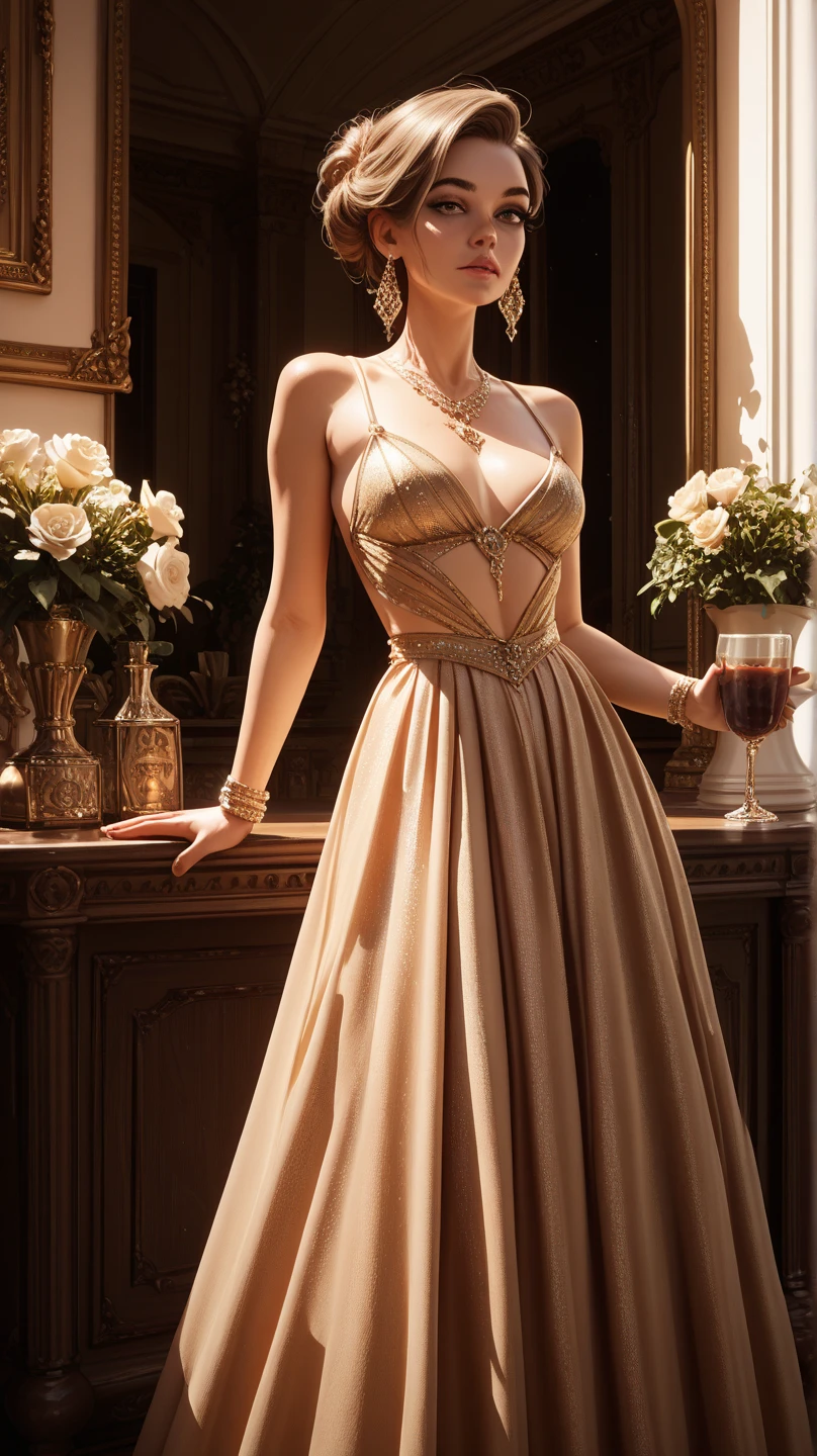 (Female: 1.2), (slim figure), (smile), (5 thumbs), (large breasts: 1.2), (dark brown hair color), (brown eyes), (mullet head binding), (yellow sexy wedding dress), (ring finger diamond ring), (mercury heels), (necklace), (bracelet), bridal shop, masterpiece, realism