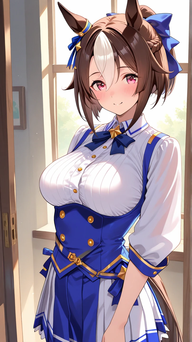 elite , Blue, White and Gold Uniform, White Skirt, White top, Blue Ribbon, Gold Button, Golden shoulder massage, Young people, 19 years, Brown Hair, Haircut with dull bangs, Brown eyes, beautiful Brown eyes, Large Breasts, Impressive body curves, Naughty smile, Pink Lips, , Cute pose, masterpiece, Classroom Background, School、((Cleavage))