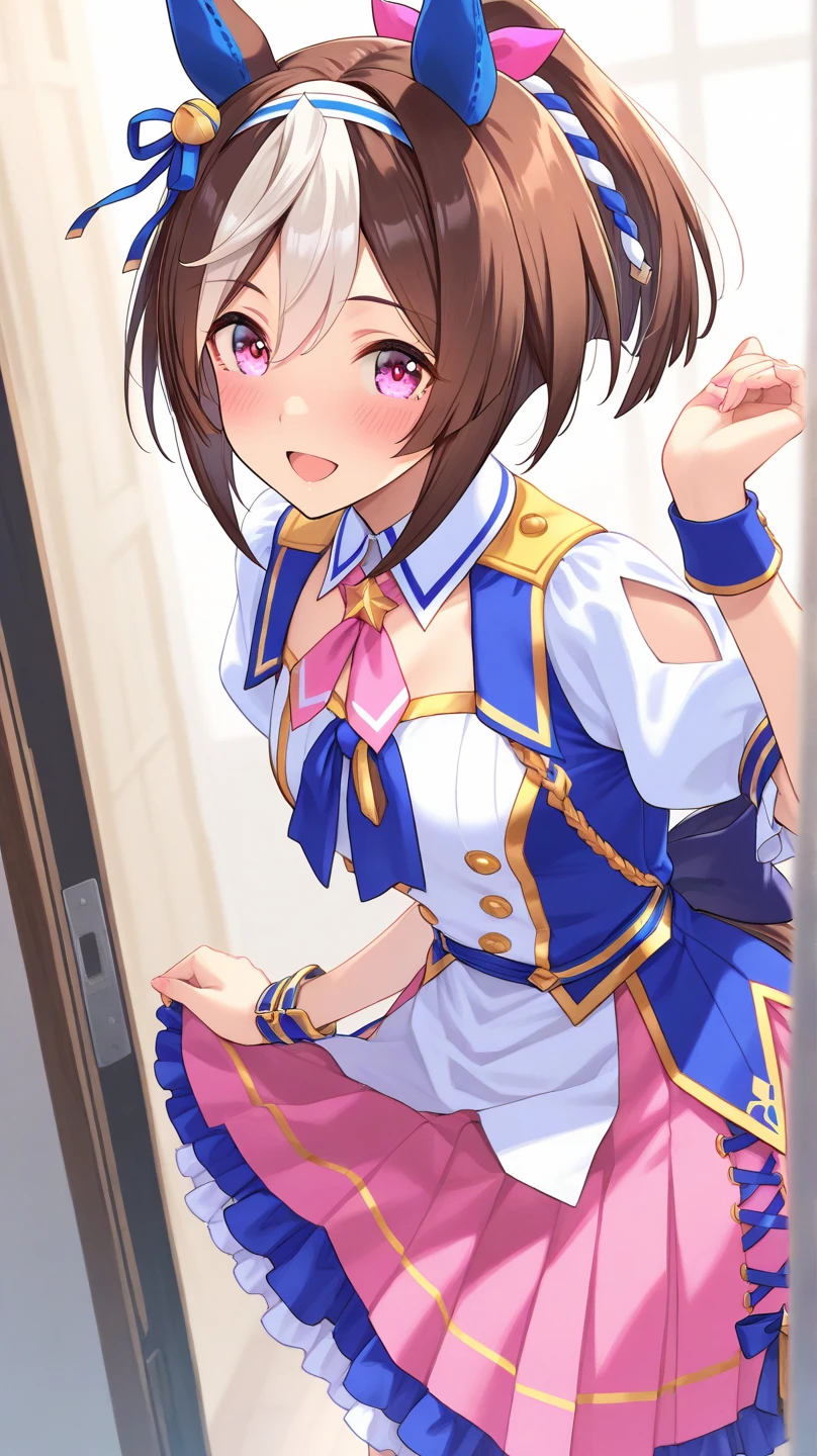 ,12yo,(petite), 1girl, looking at viewer, , hazuki katou,,,, ,,,blush,(spoken heart),,small breasts,(evil smile,grin),(((magical girl costume))),miniskirt,thighhighs,,long sleeves,brooch,(sex with guys:1.5),my room