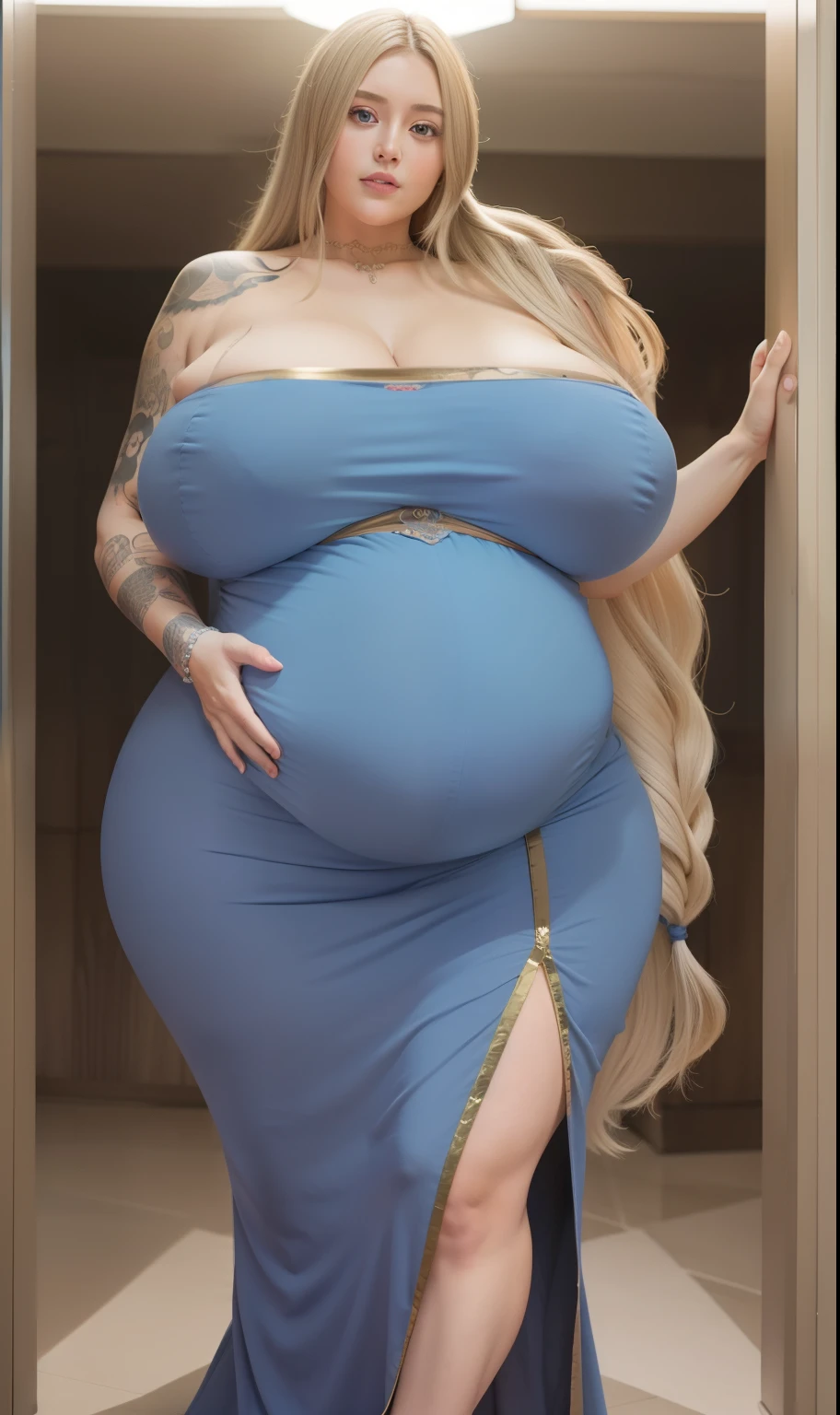 pregnant woman, plump body, very big breasts:1.5, (masterpiece:1.4), (highest quality), (become familiar with), (8k), 45 year old female:1.5, (1 girl, alone, landscape), (Ocean:1.7), clara kent, superhero, body suit, platinum blonde, long hair, black cloak, blue eyes, wide hips, bending, Bright blue costume. plump body, very big breasts:1.5, pregnant woman,