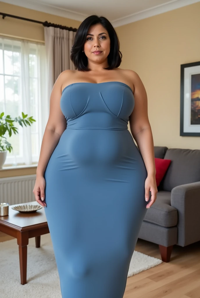Full Body Portrait. Low angle shot. Soft lighting. Calm tones. Tall and heavyset woman walking towards the camera wearing heels. Woman is 50 years old. Pixie cut hairstyle with strawberry blonde hair. Face had few wrinkles. She is wearing a thin, while, silk dress that is tight against her very large breasts and erect nipples. Neutral Background.